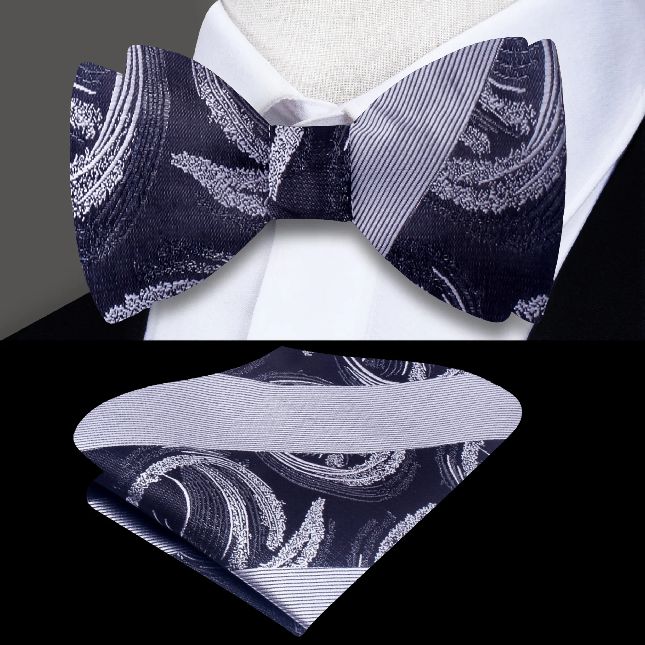 Close-up of titanium rings self-tie bow tie in grey silk, styled with a white dress shirt
