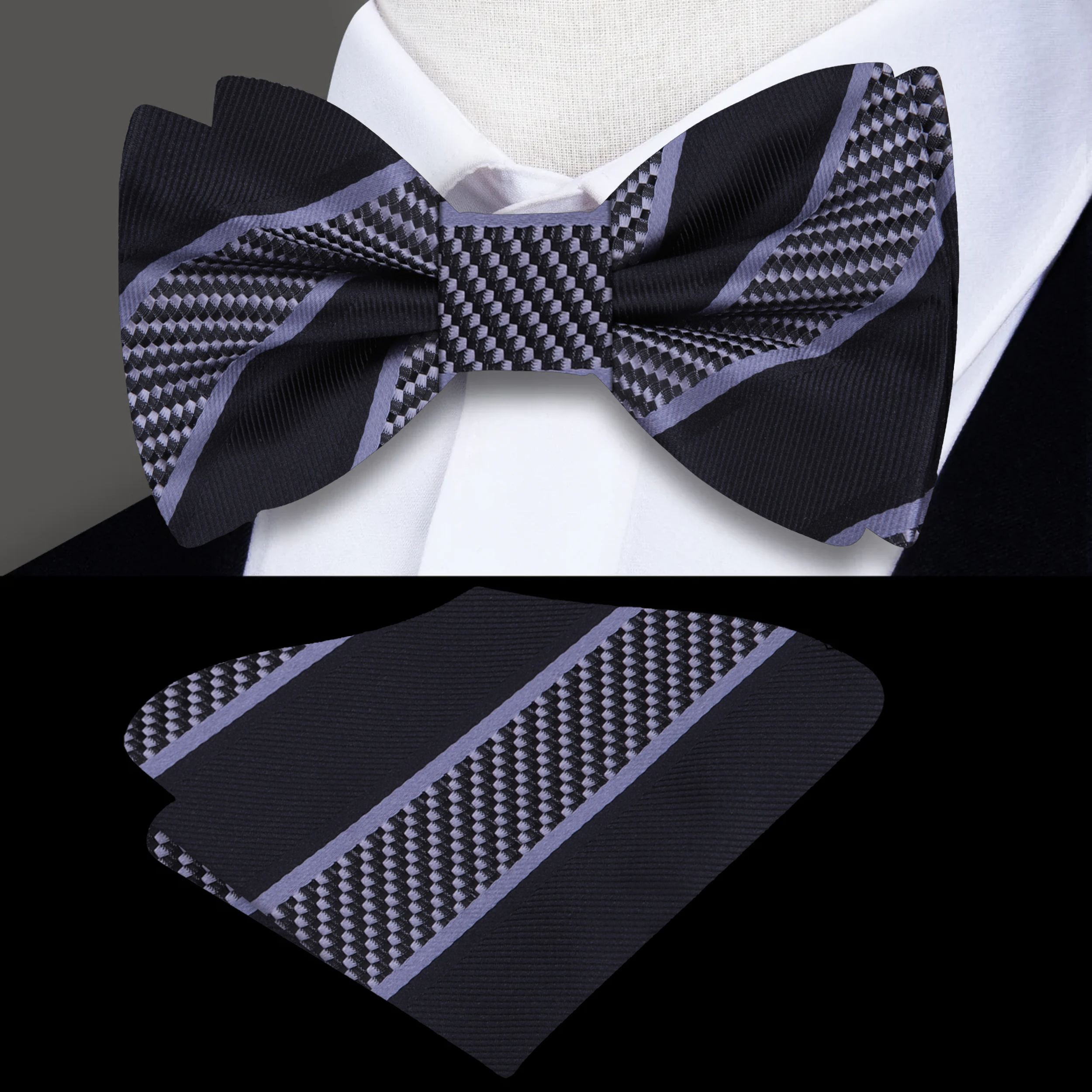 Front view of a stylish silk striped bow tie on a white background, highlighting its vibrant colors
