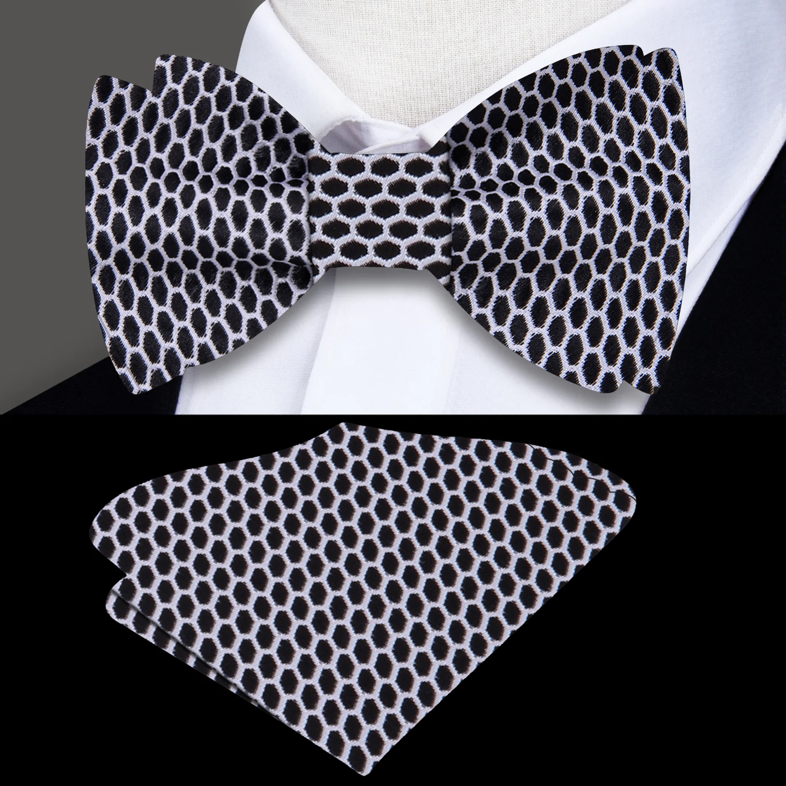 Front view of a geometric pattern silk self-tie bow tie in grape purple