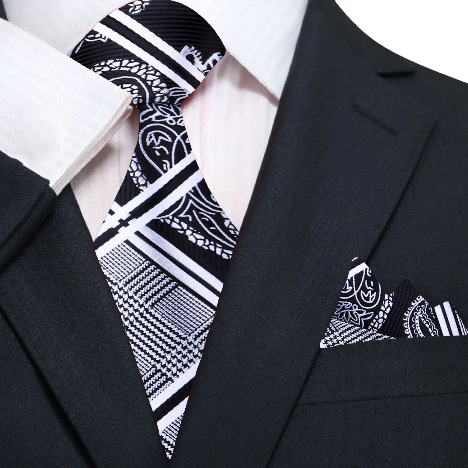 Model wearing the paisley silk necktie with a black suit, highlighting its stylish appeal.
