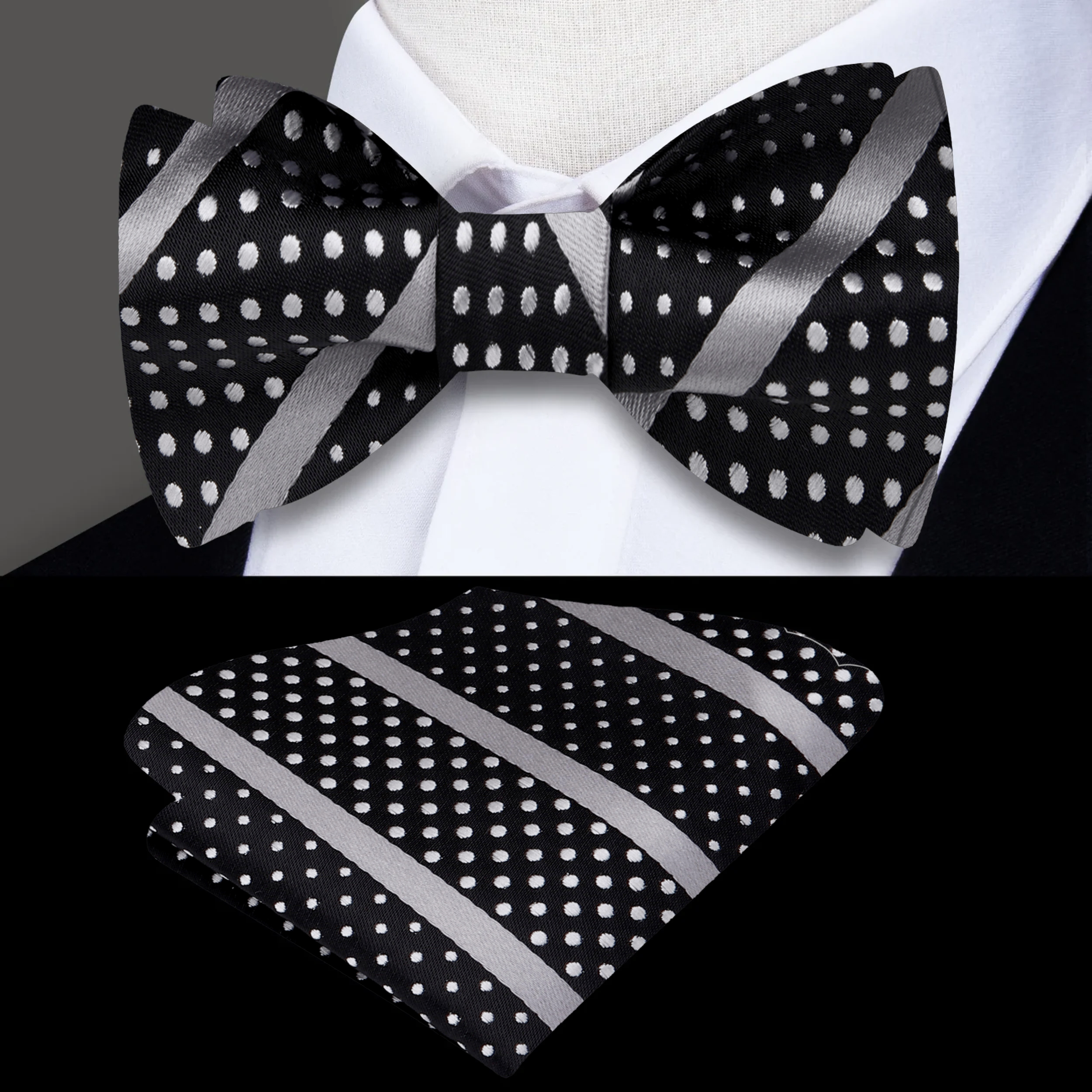 Close-up of silk bow tie showcasing intricate stripes and polka dots.