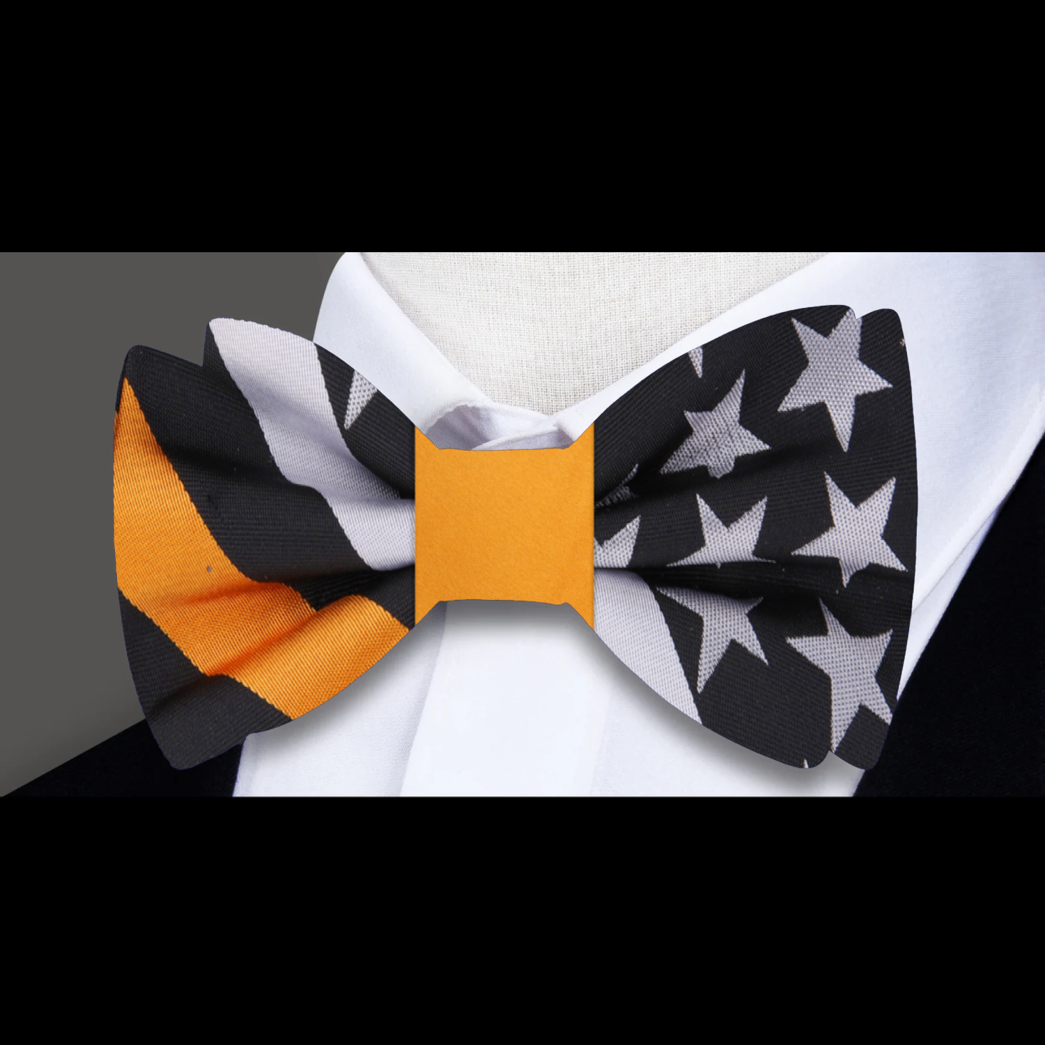 Close-up of the American Flag Bow Tie showcasing the intricate star and stripe pattern.