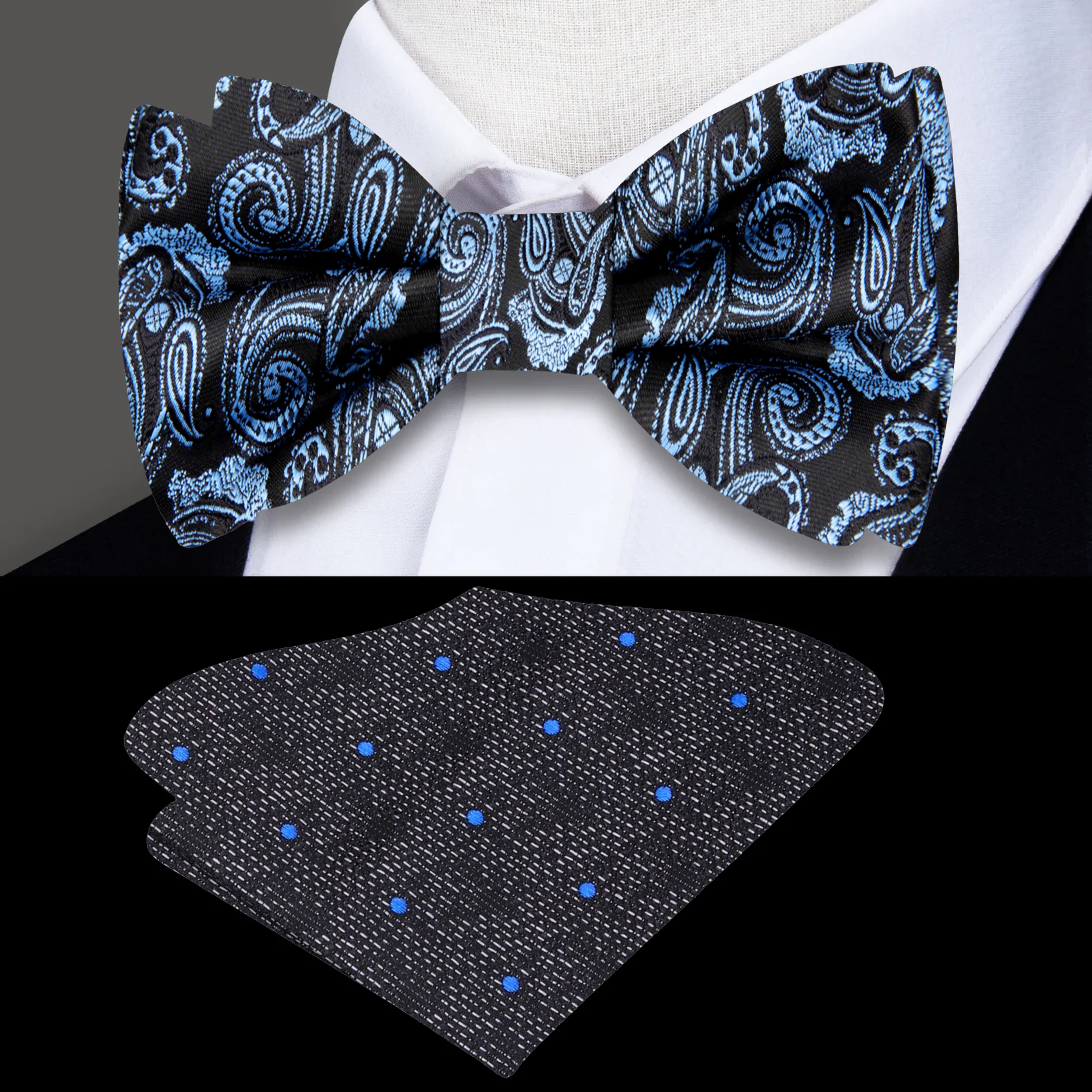 Close-up of black and ice blue paisley silk bow tie on a model