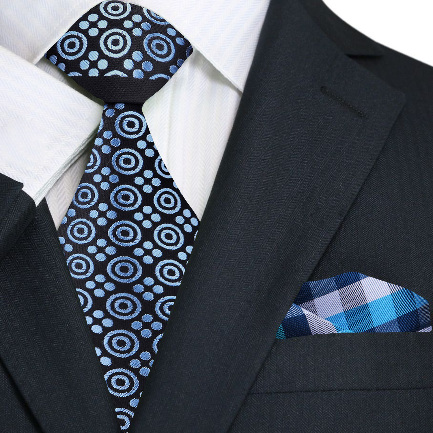 Men wearing silk necktie with blue circles in business setting