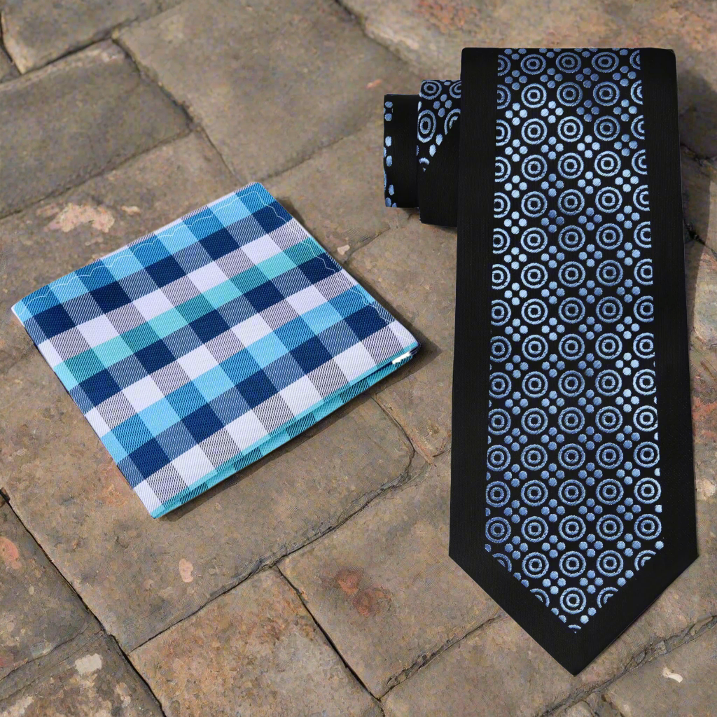 Elegant black silk necktie with light blue patterned design for evening reception