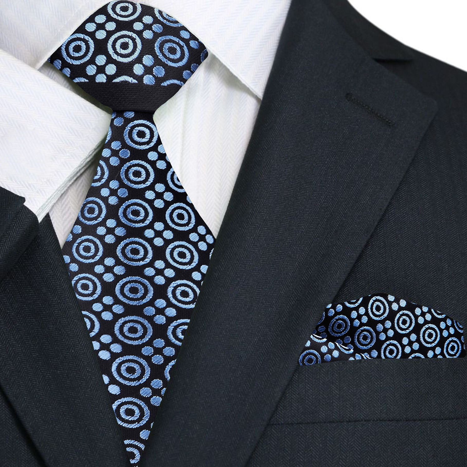 Close-up of mens silk necktie with blue circles pattern, perfect for formal events