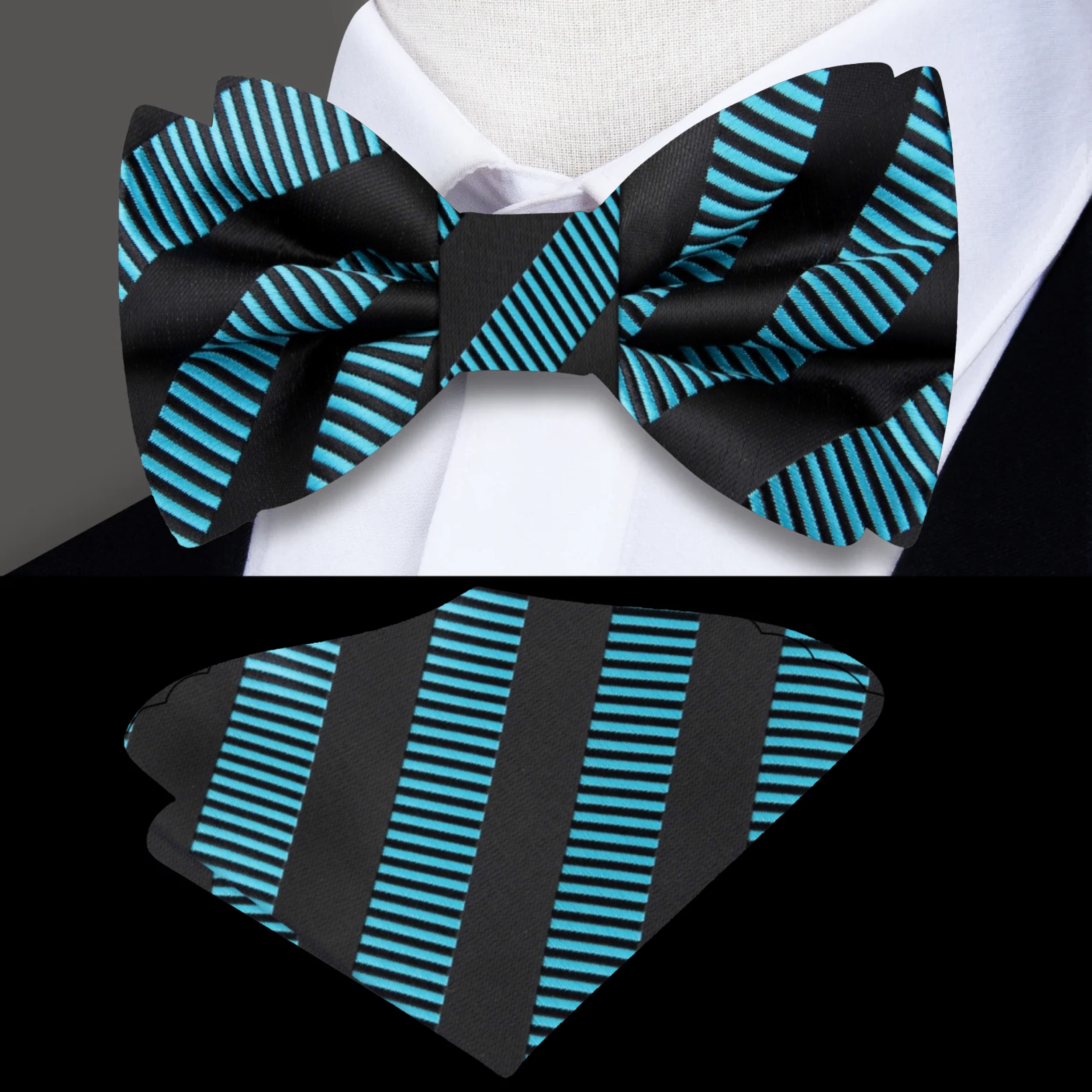 Elegant black and copper striped silk bow tie worn with a suit