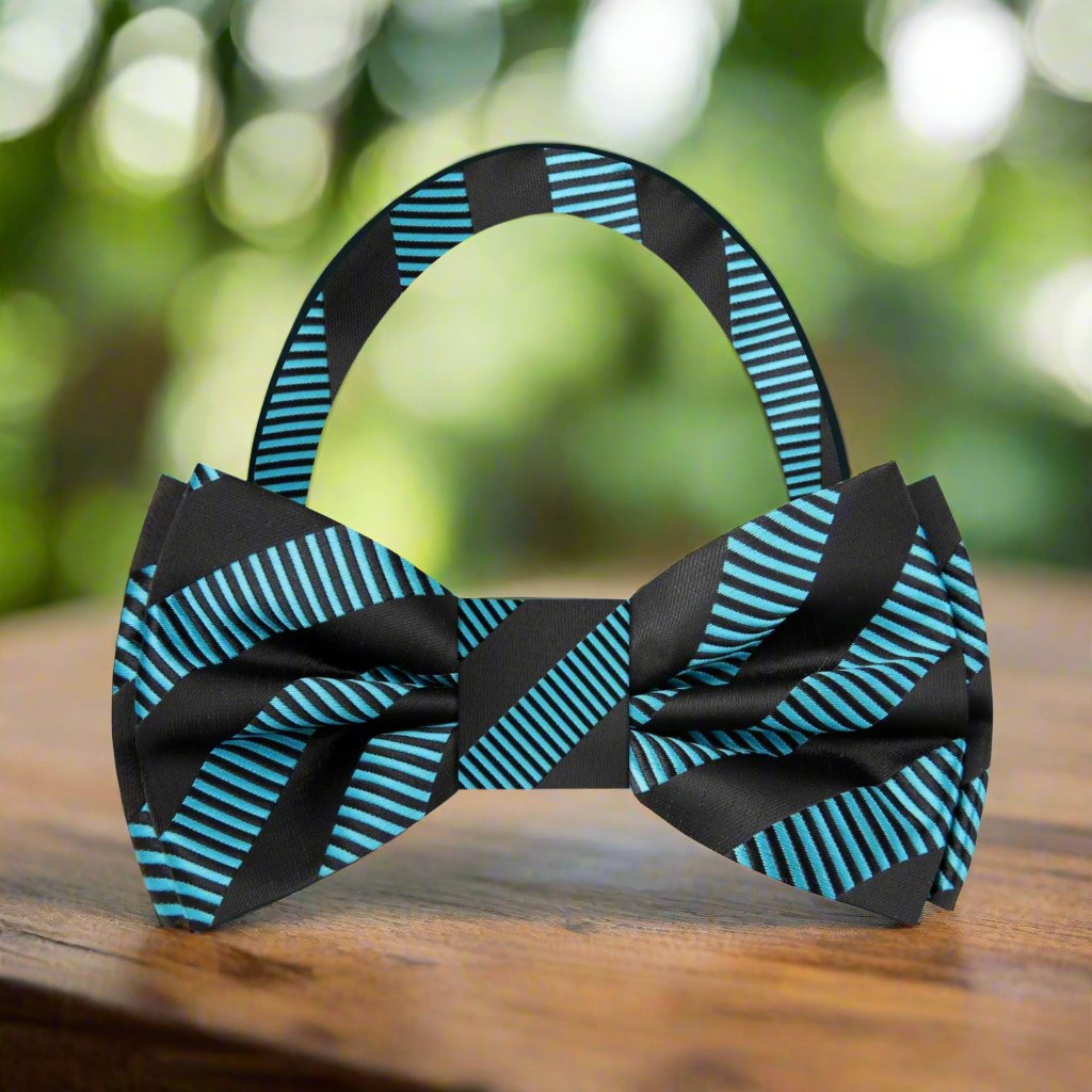 Close-up of a silk bow tie with stripe pattern for formal events