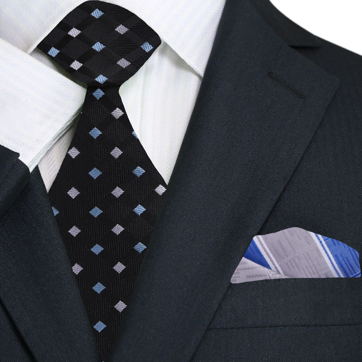 Matching pocket square set with small diamond pattern for mens formal outfit