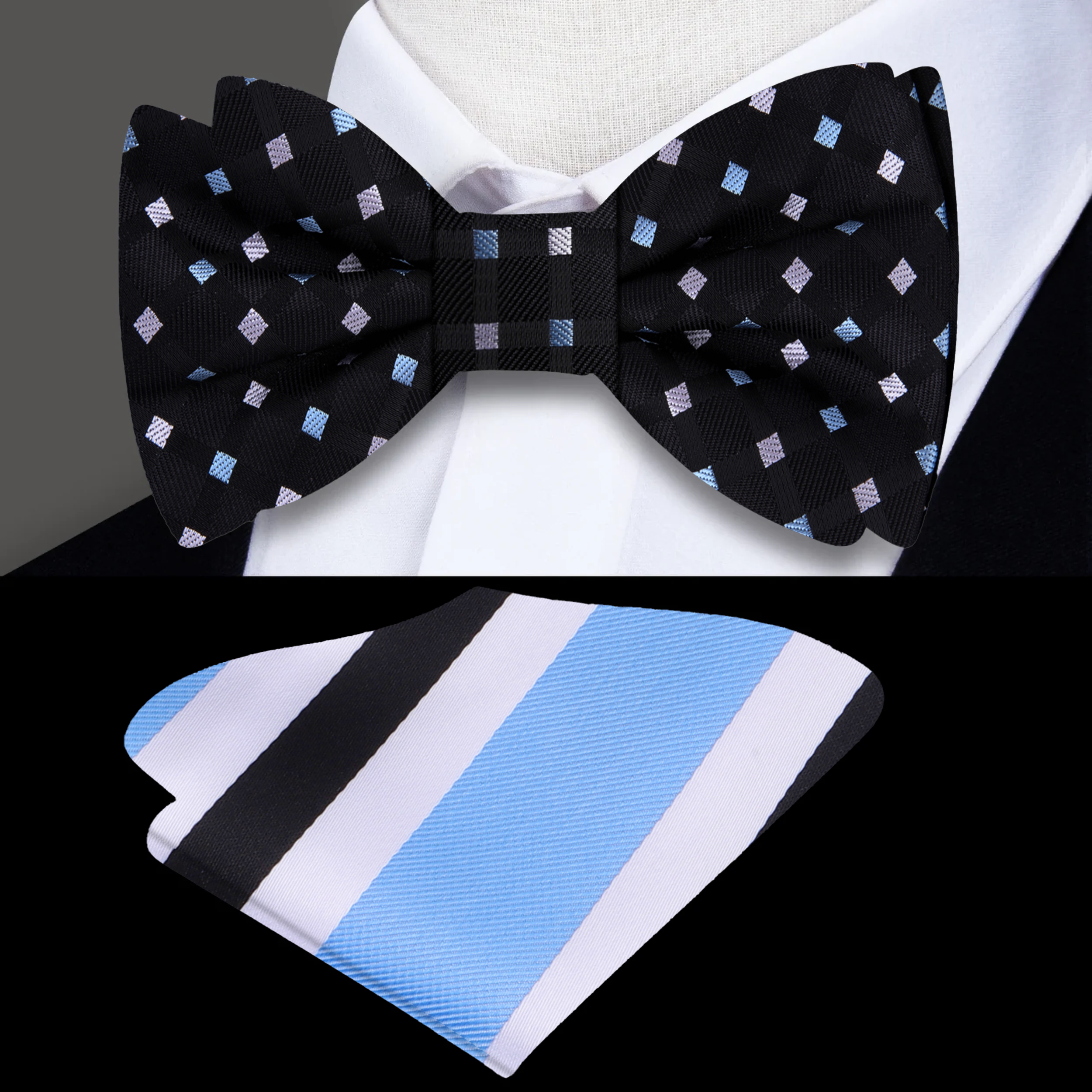 Close-up of the mens bow tie with pink pattern against a crisp white dress shirt.