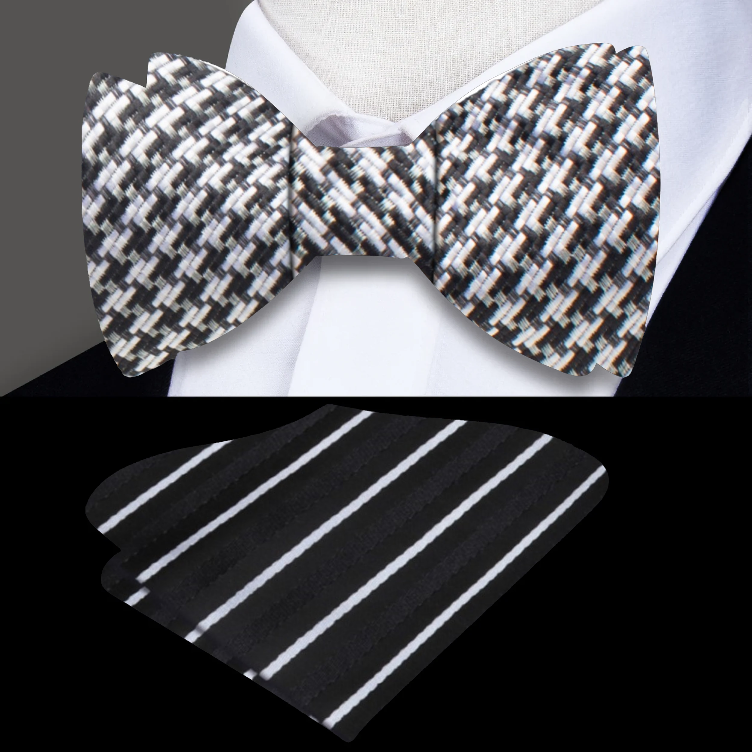 Man wearing a grey and black houndstooth silk bow tie with a white dress shirt.