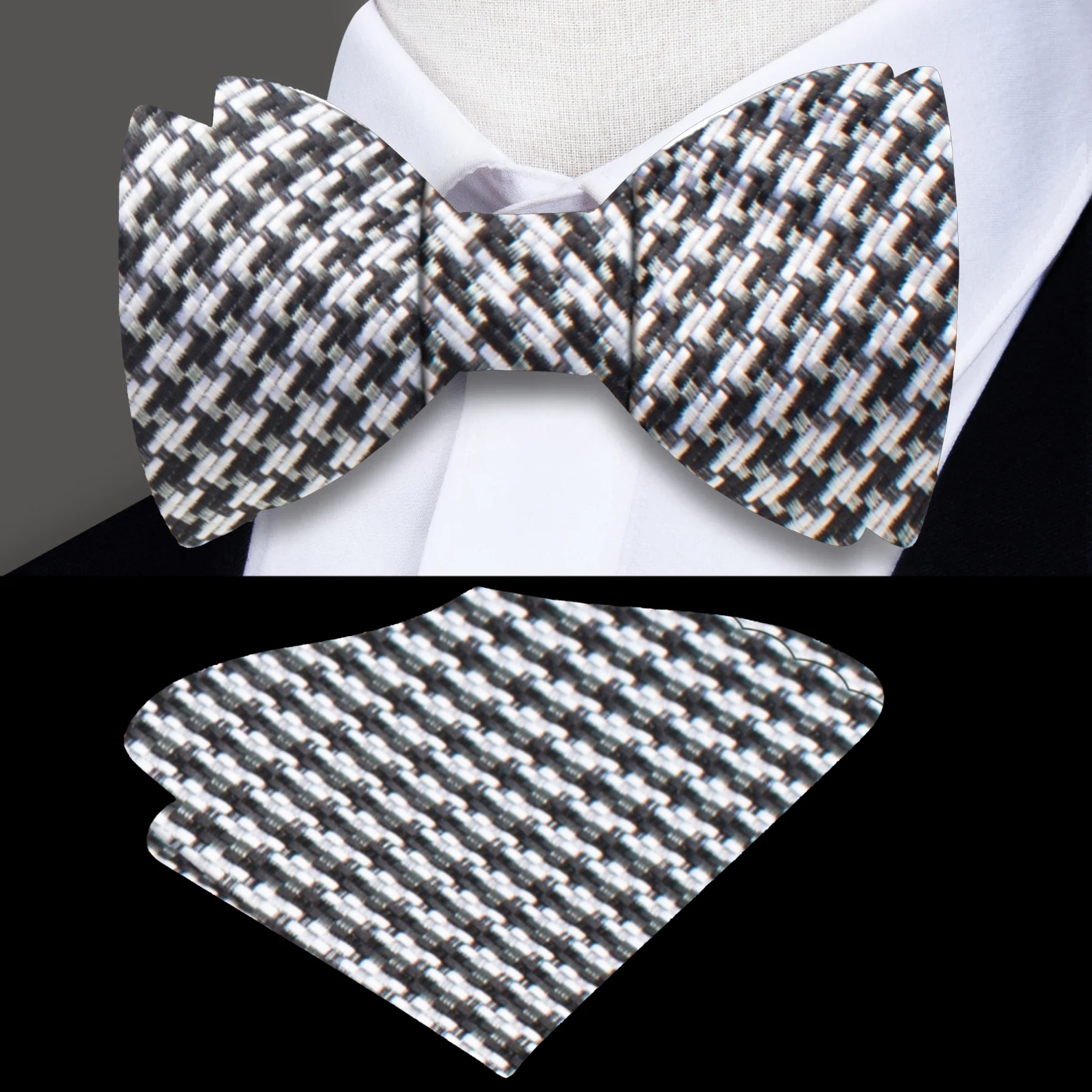 Elegant silk bow tie with houndstooth pattern styled with a tuxedo for formal events.
