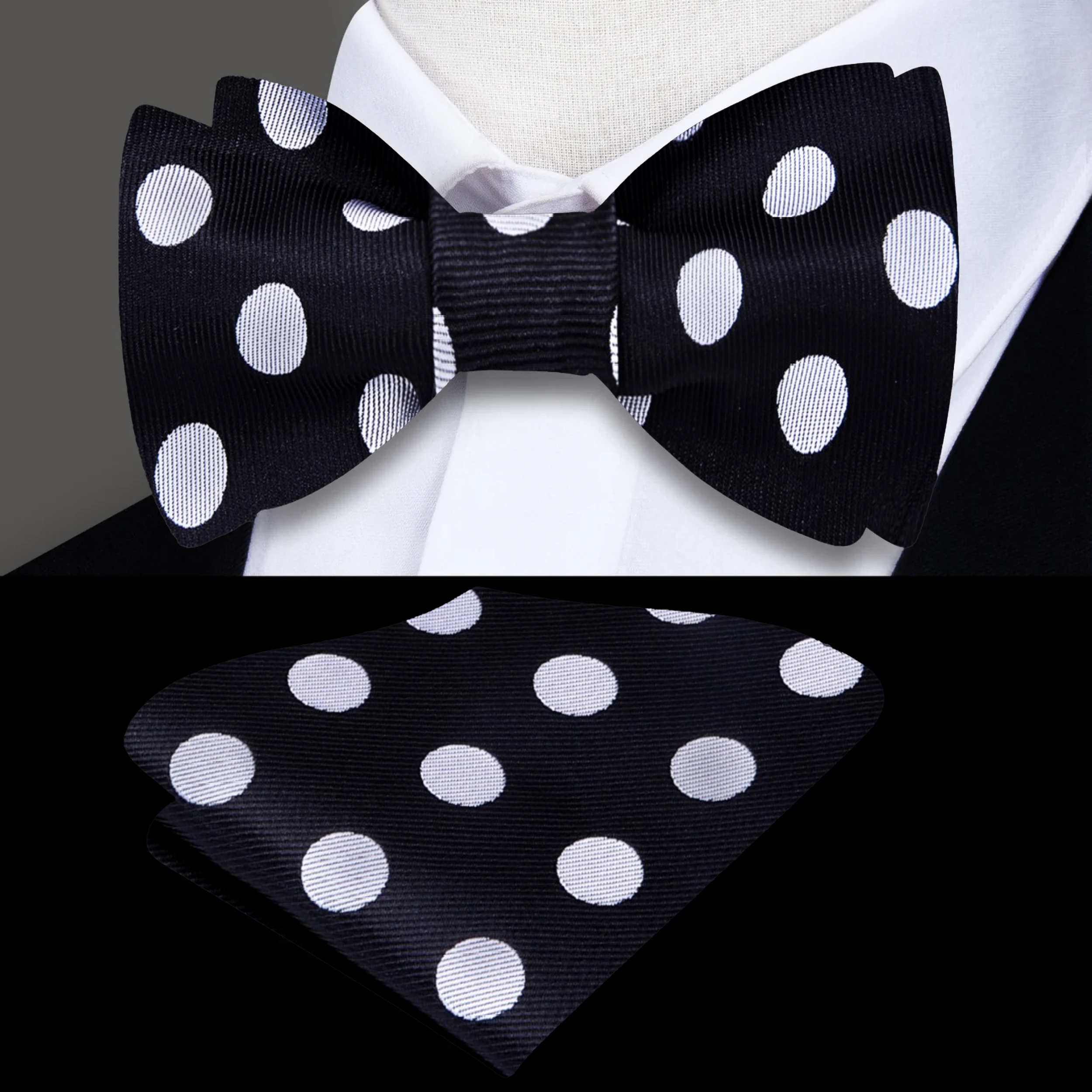 A stylish arrangement of various self-tie bow ties showcasing different polka dot patterns and colors.