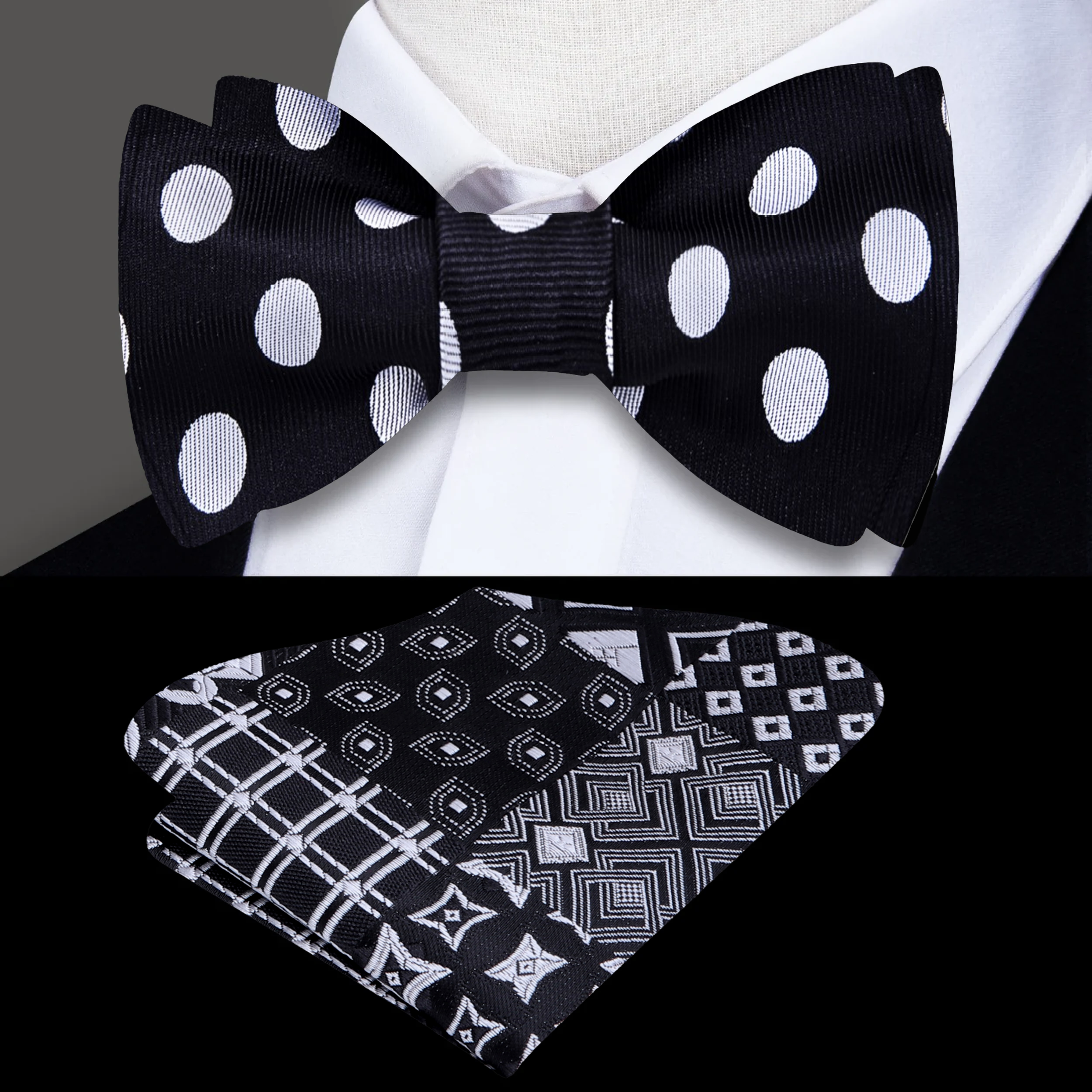 Front view of a black polka dot bow tie styled with a white dress shirt