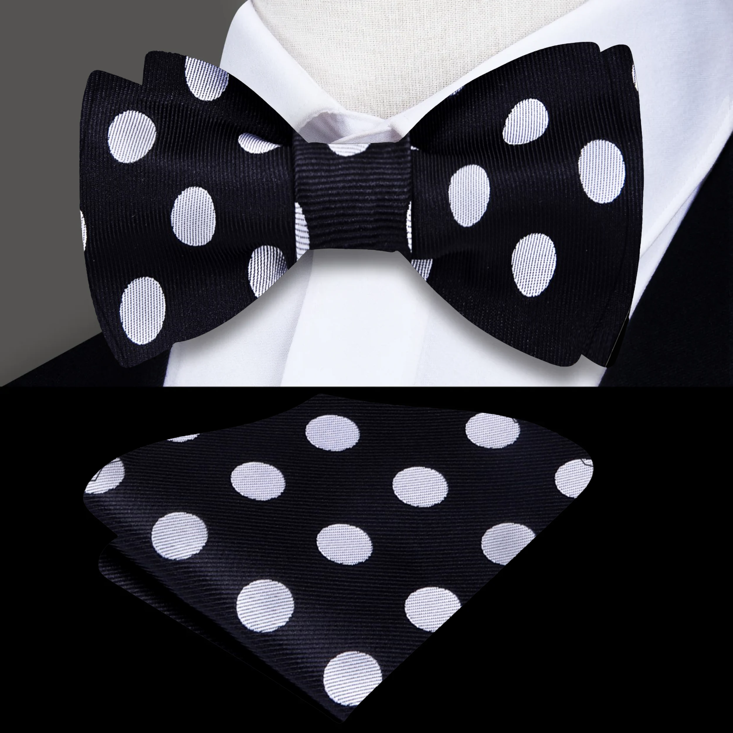 Detail shot of the light grey polka dots on the black bow tie fabric