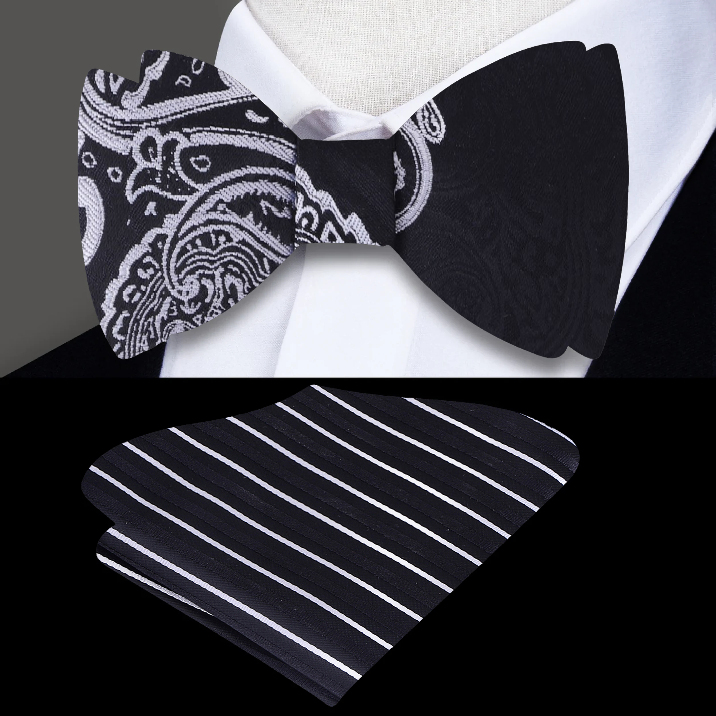Model wearing a paisley silk bow tie with a black suit at an evening gala.