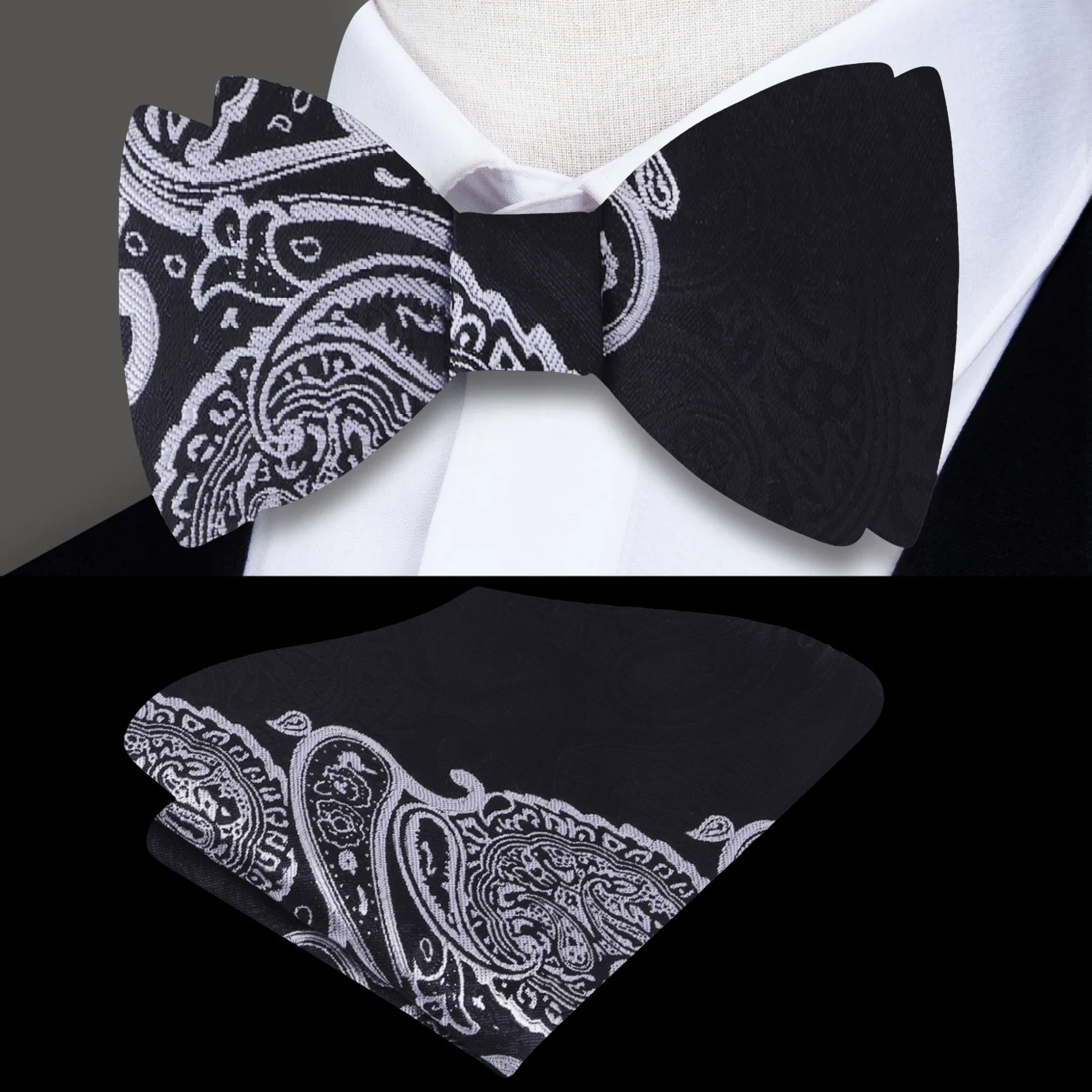 Paisley bow tie displayed against a crisp white dress shirt for contrast.