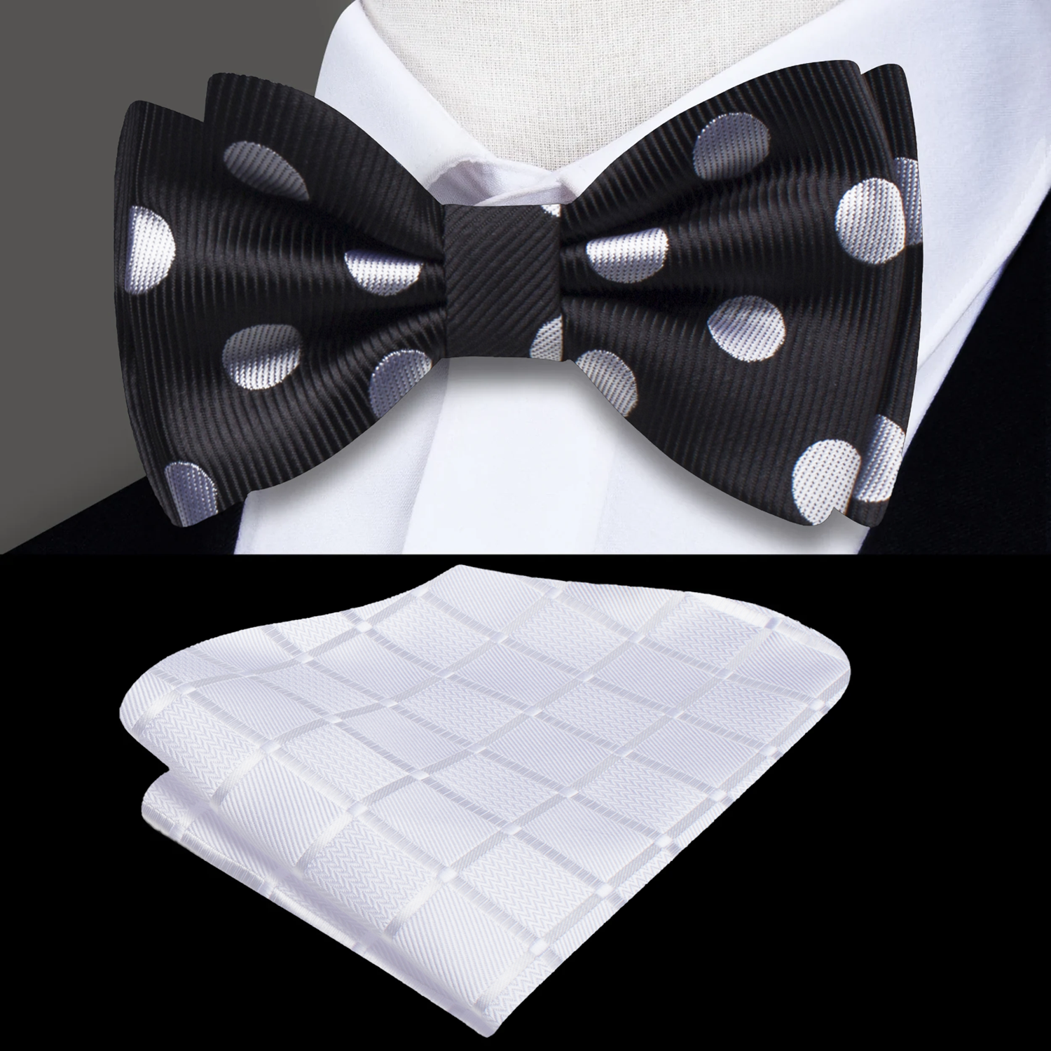 White silk polka dot bow tie styled with a black suit for a wedding