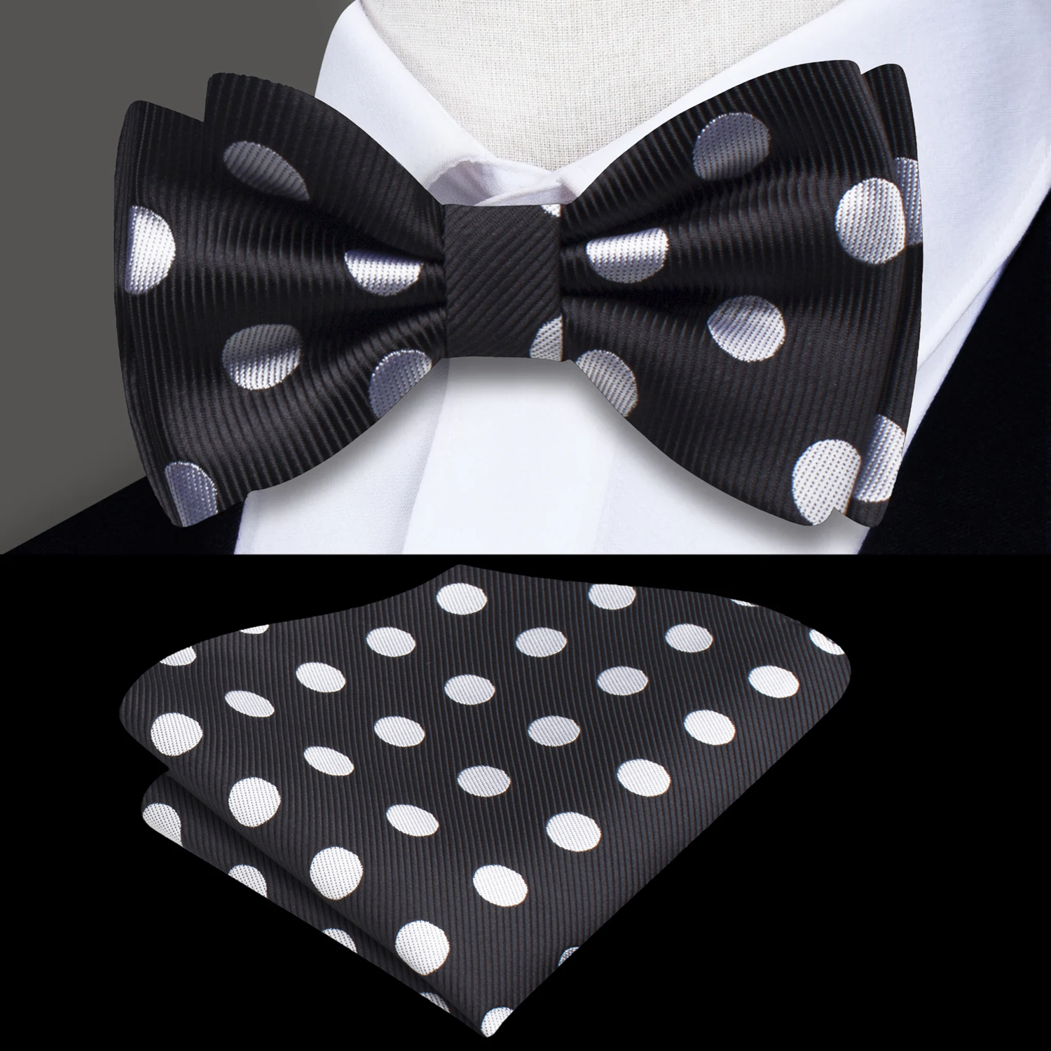 Light grey polka dot bow tie paired with a navy suit for a business dinner