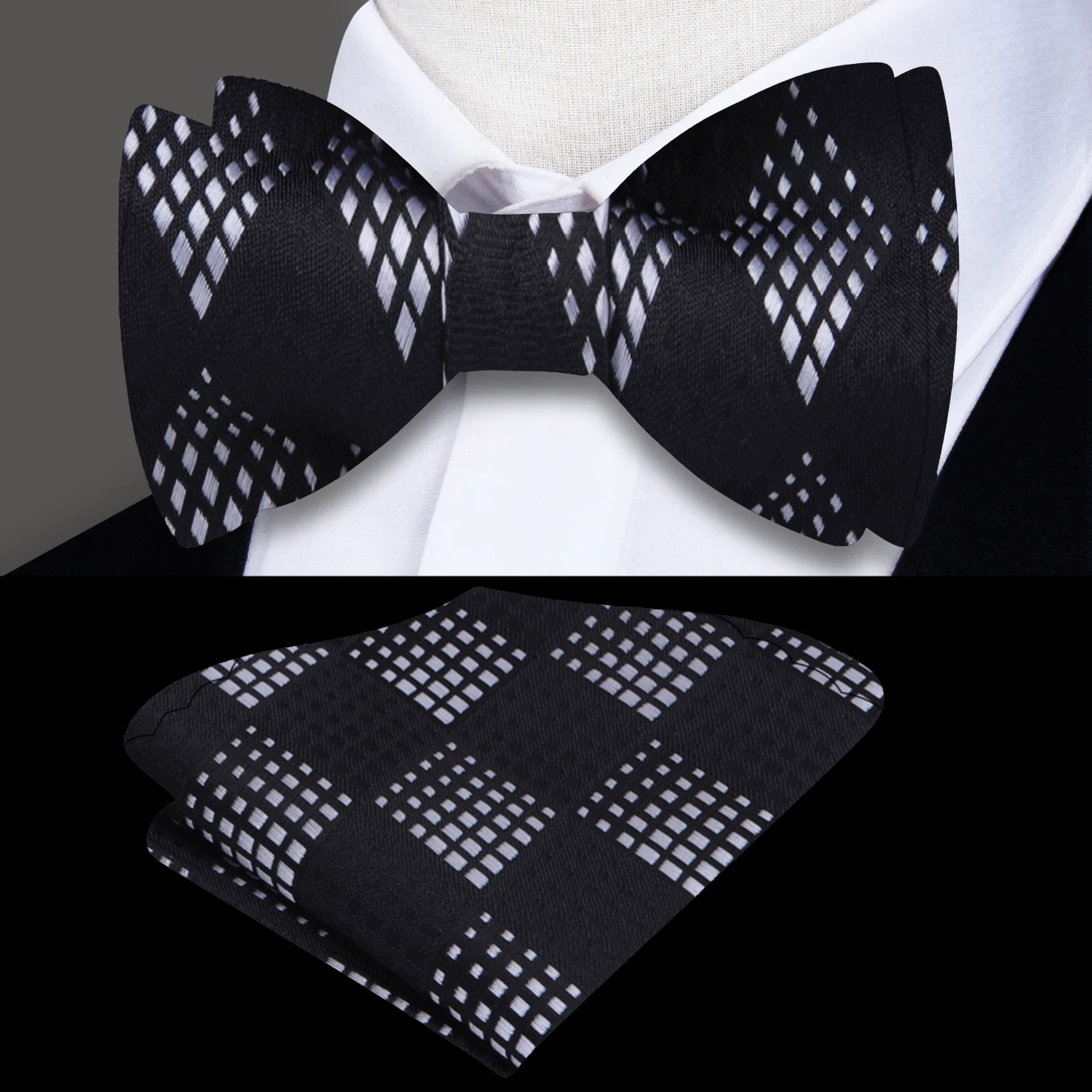Elegant Geometric Self-Tie Bow Tie displayed against a formal setting, emphasizing its black and silver geometric design.