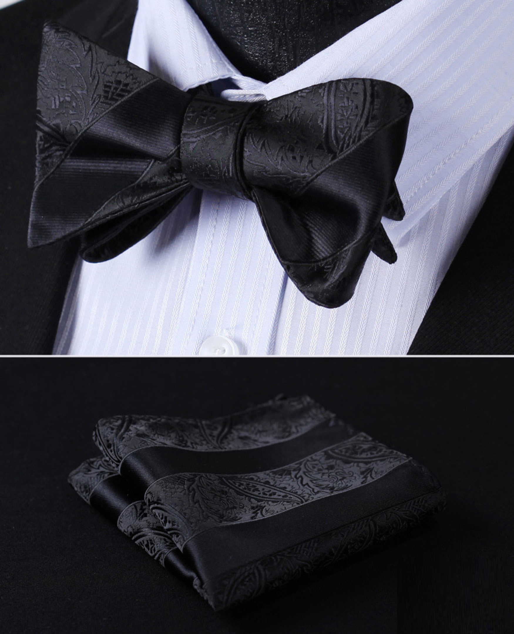 Elegant black and gold bow tie with paisley and stripe patterns, worn at an evening wedding.