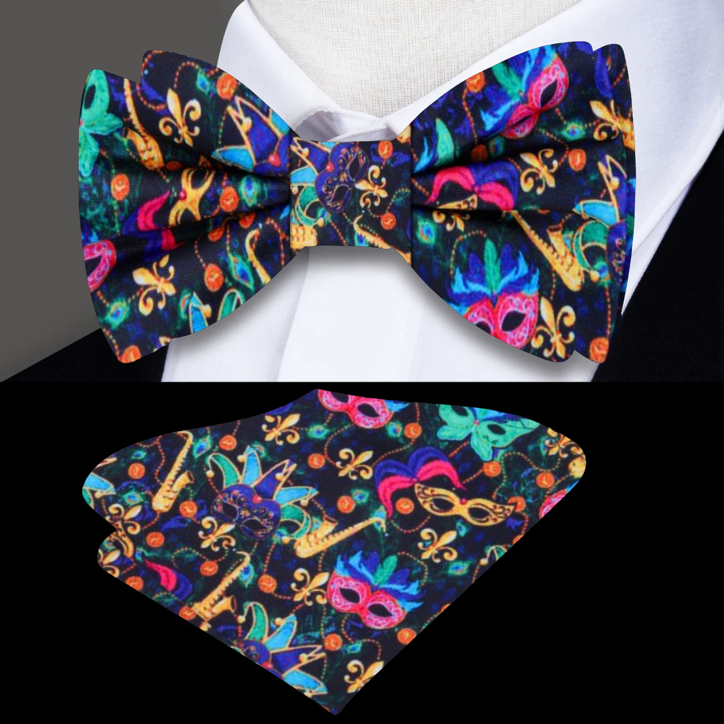 Man wearing Mardi Gras bow tie with feather accent at a party