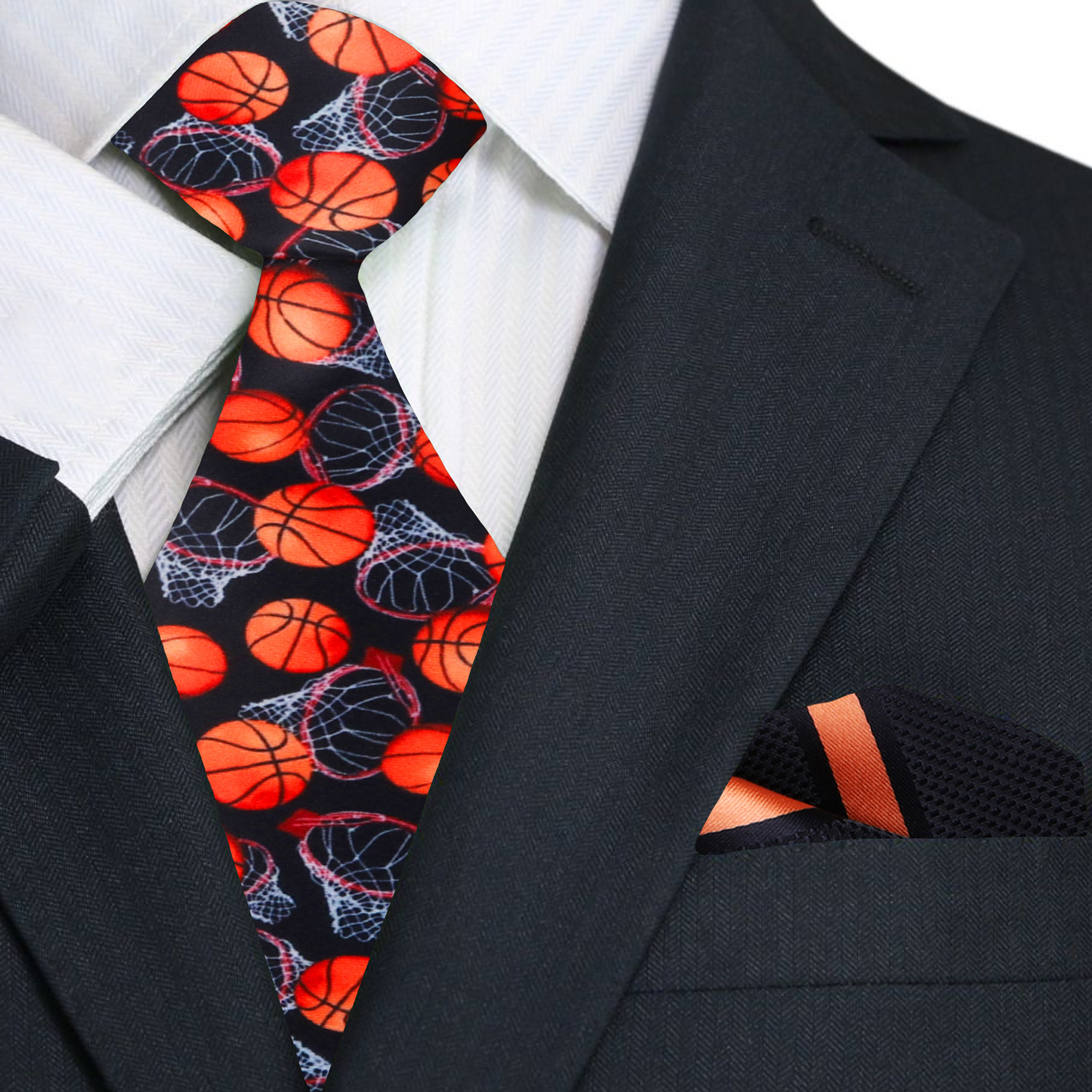 Man wearing a professional basketball pattern tie with a white dress shirt