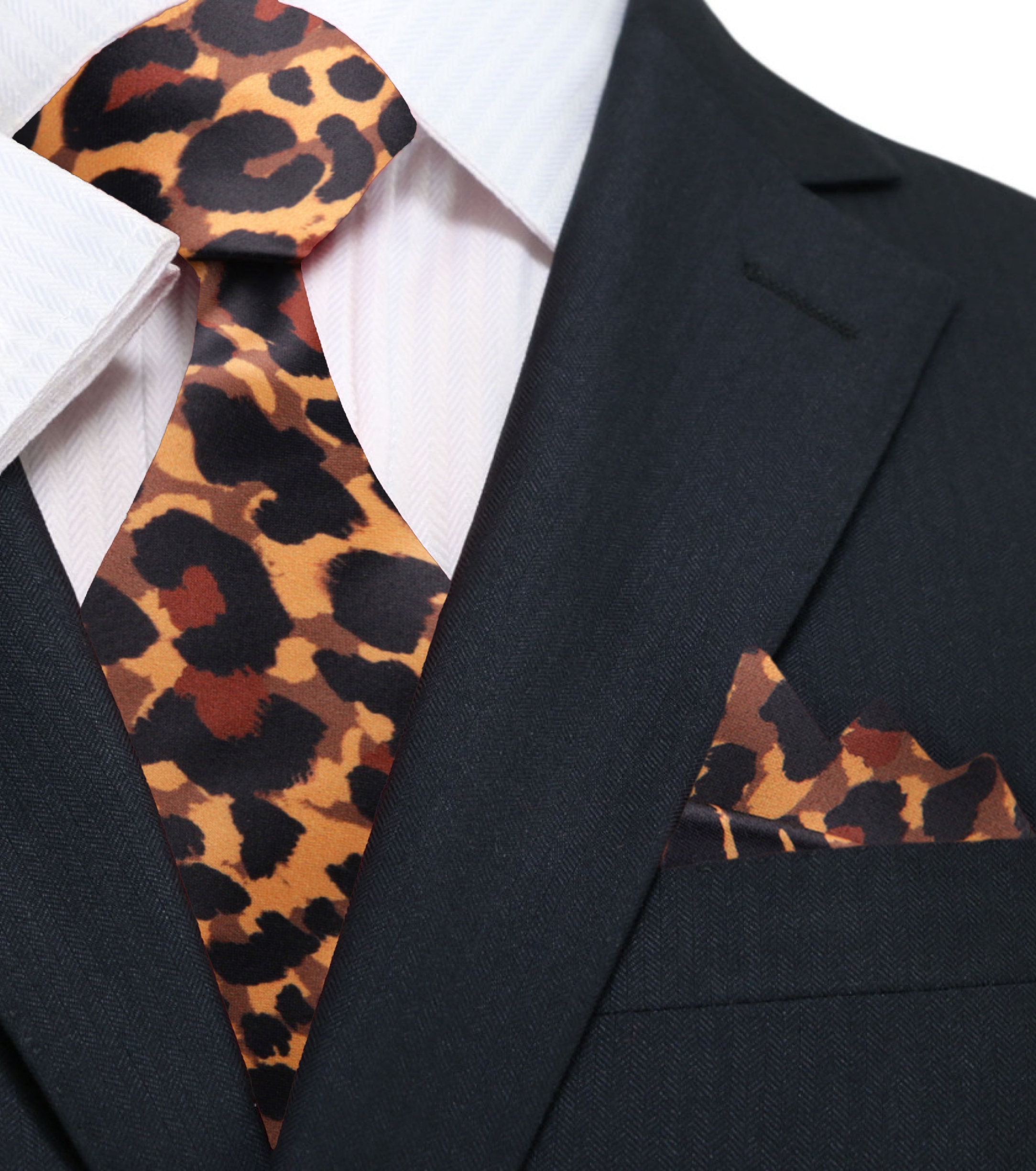 Close-up of the cheetah print necktie showcasing its vibrant pattern and silk texture.