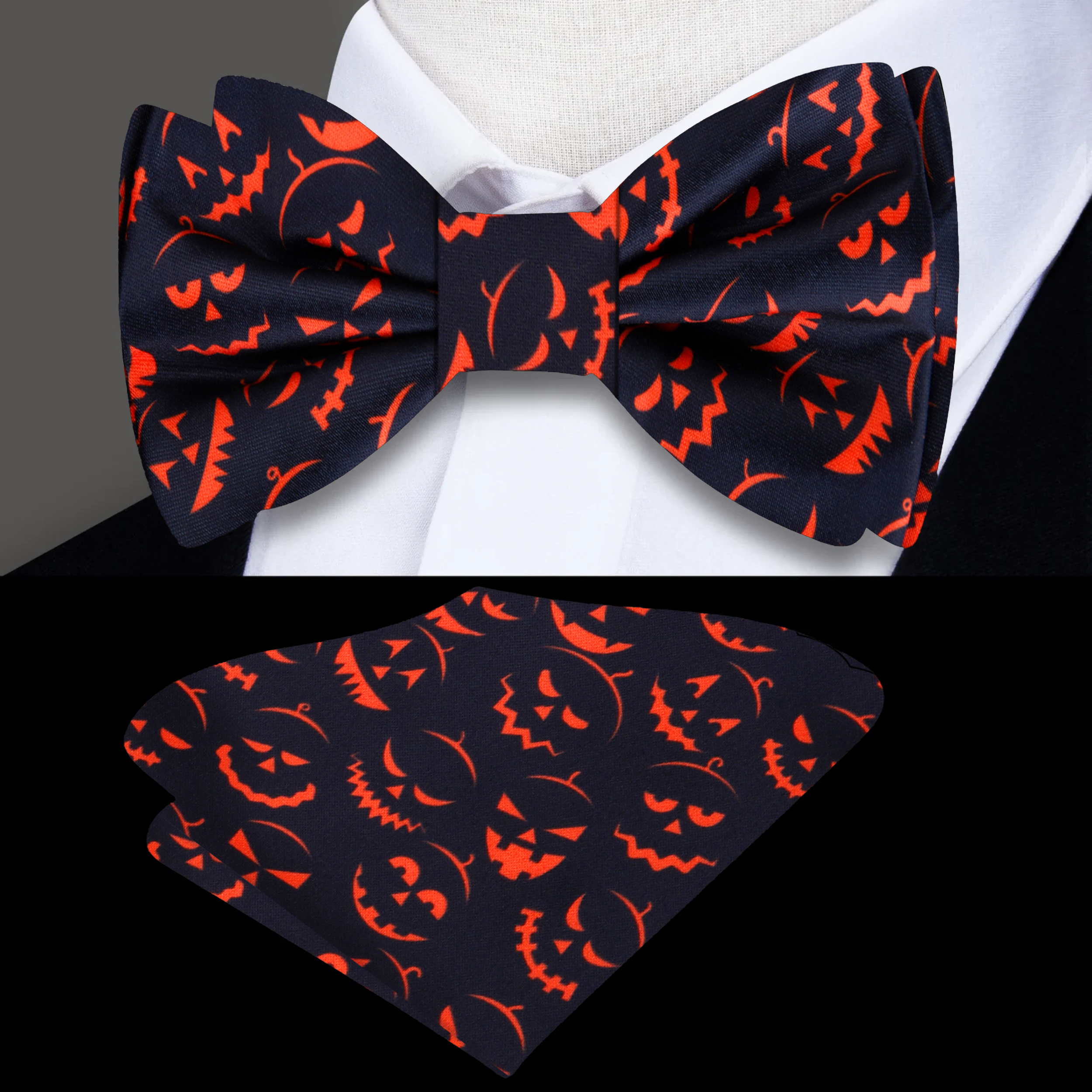 Close-up of a black and orange jack-o-lantern silk bow tie for Halloween