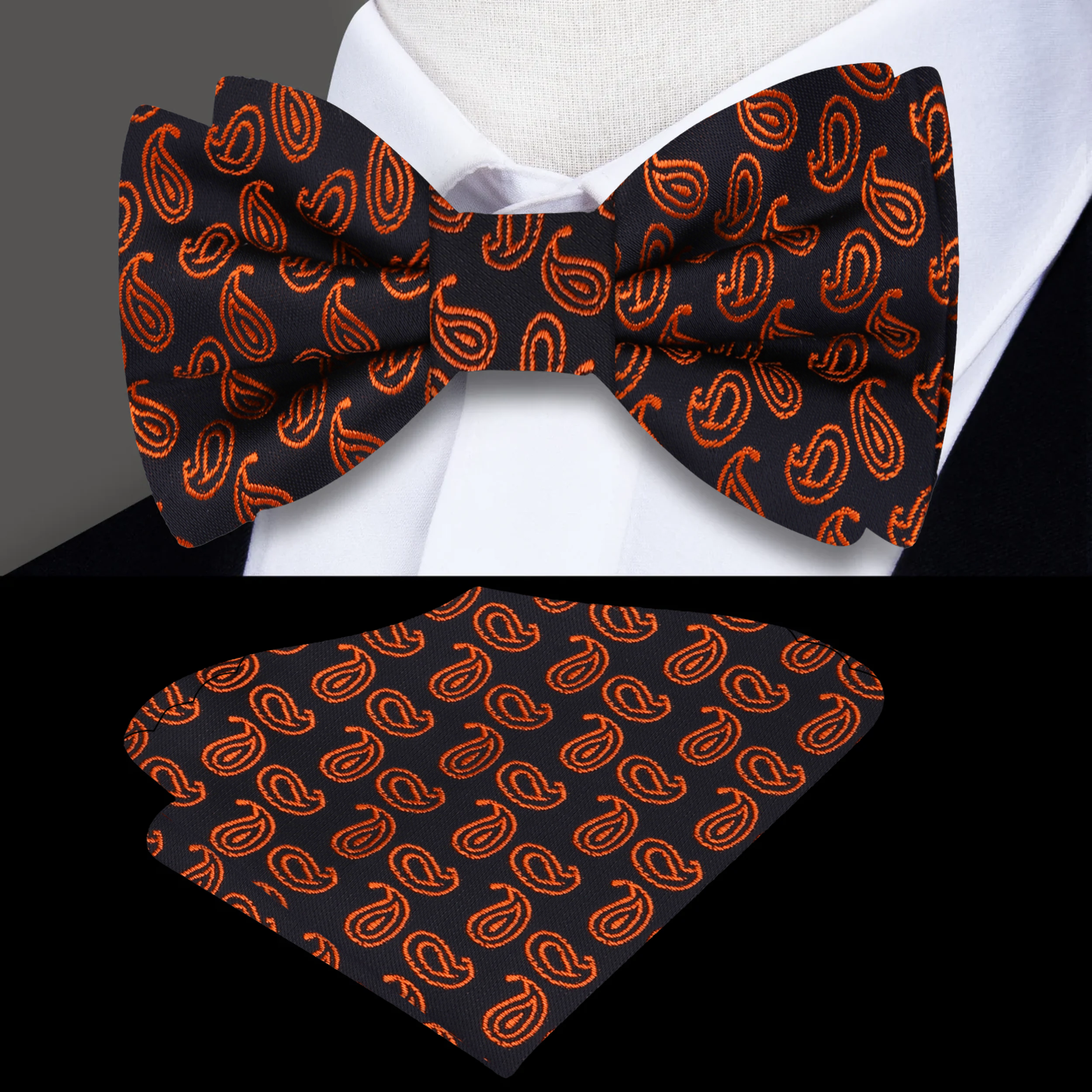 Luxury silk bow tie styled with a crisp white dress shirt and navy blue suit.