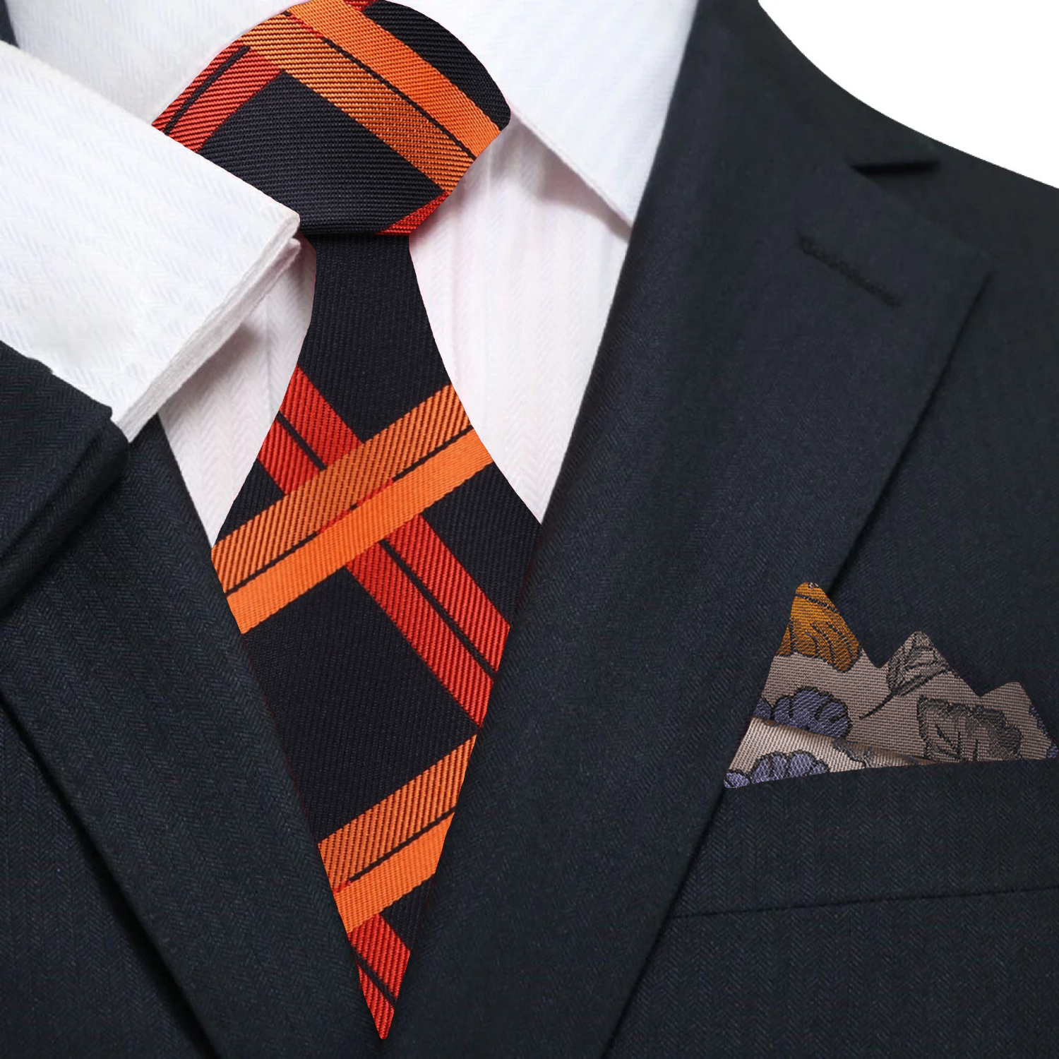Elegant plaid silk necktie displayed against a white background, showcasing the black and orange color scheme.