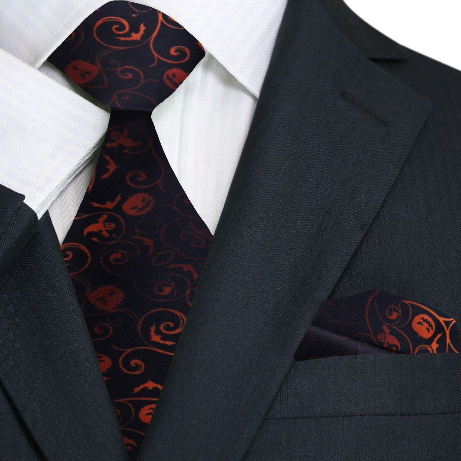 Close-up of the Halloween themed silk tie showcasing intricate patterns of bats and vines.