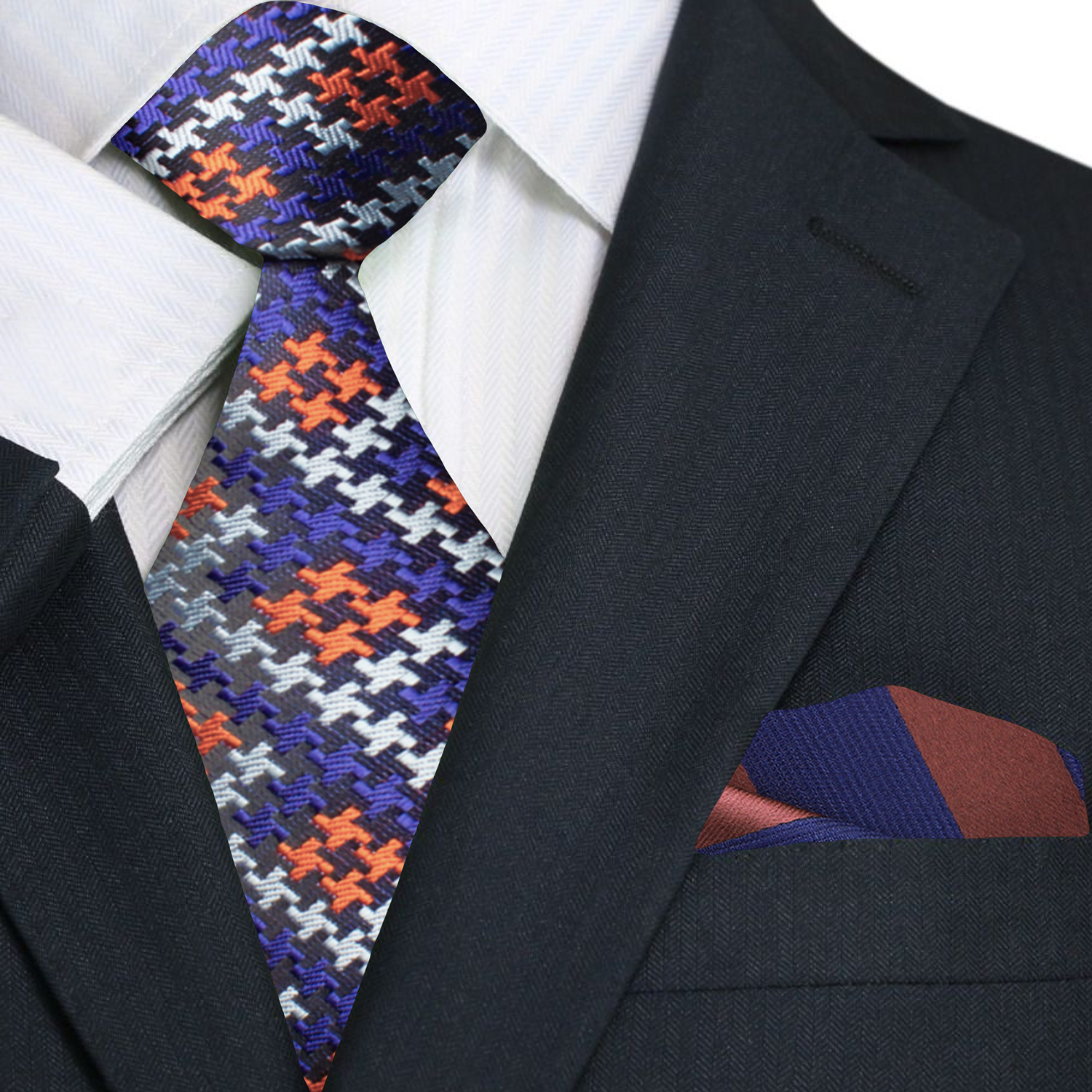 The elegant black silk tie displayed against a neutral suit, emphasizing its versatility.