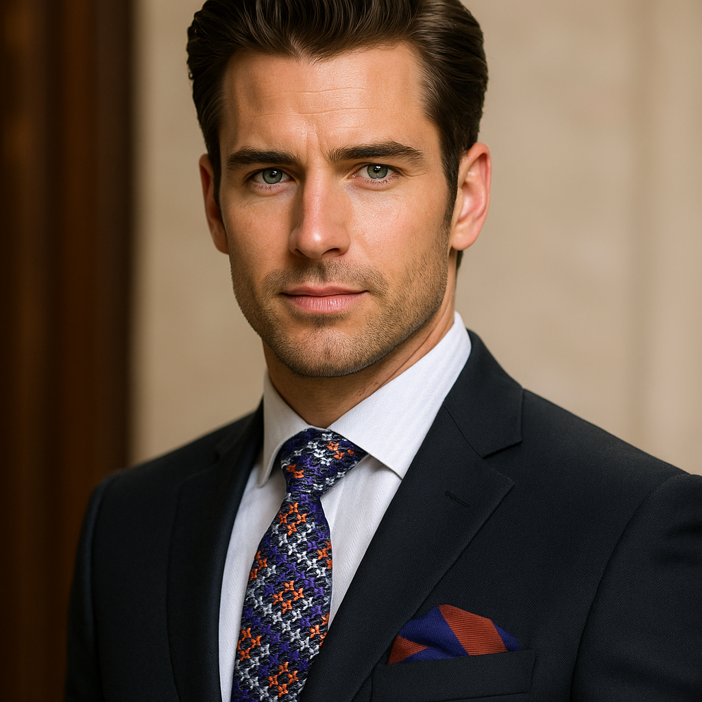 A model wearing the black silk houndstooth tie paired with a crisp white dress shirt.