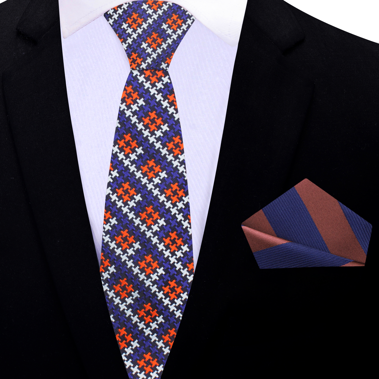 Close-up of Bold Houndstooth Silk Tie showcasing its vibrant patterns and textures.