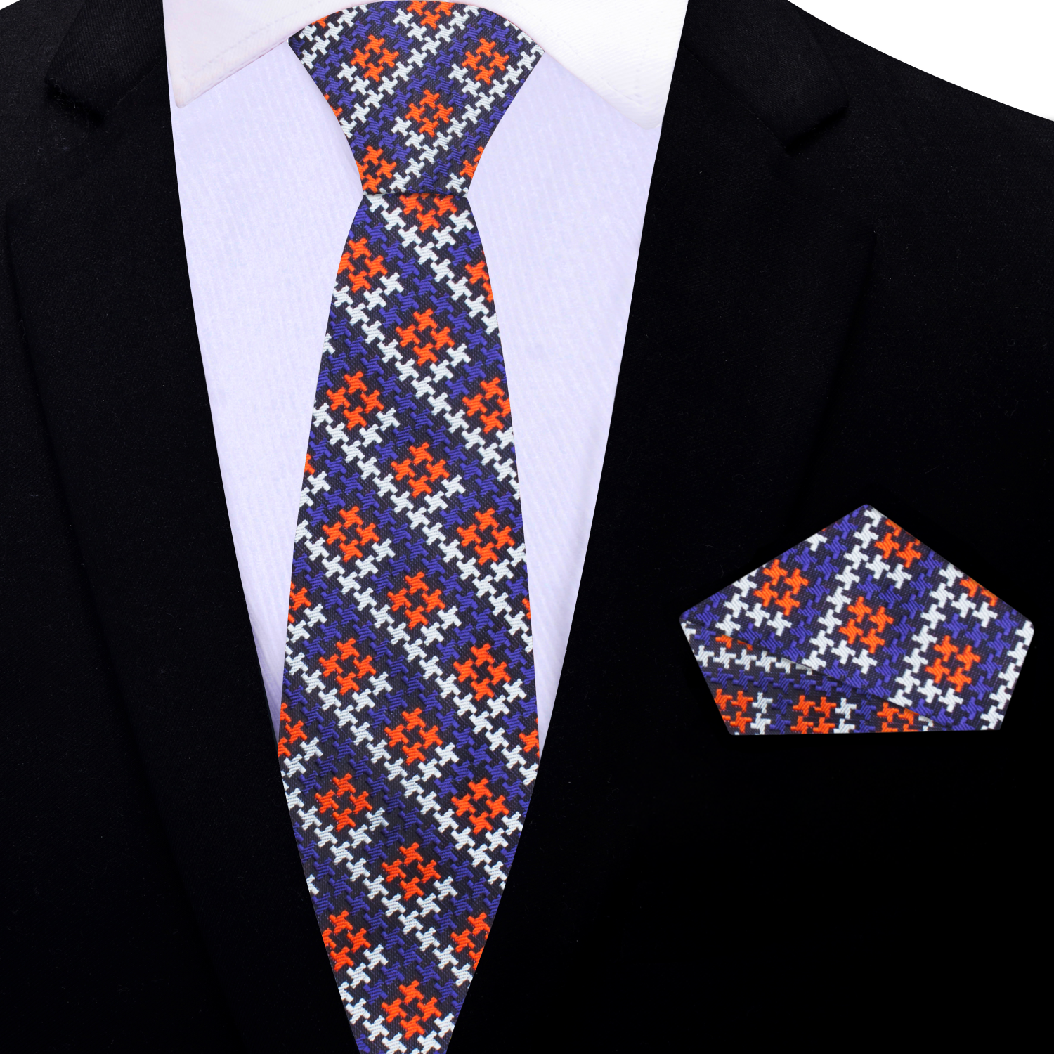 Close-up of Bold Houndstooth Silk Tie showcasing its vibrant patterns and textures.