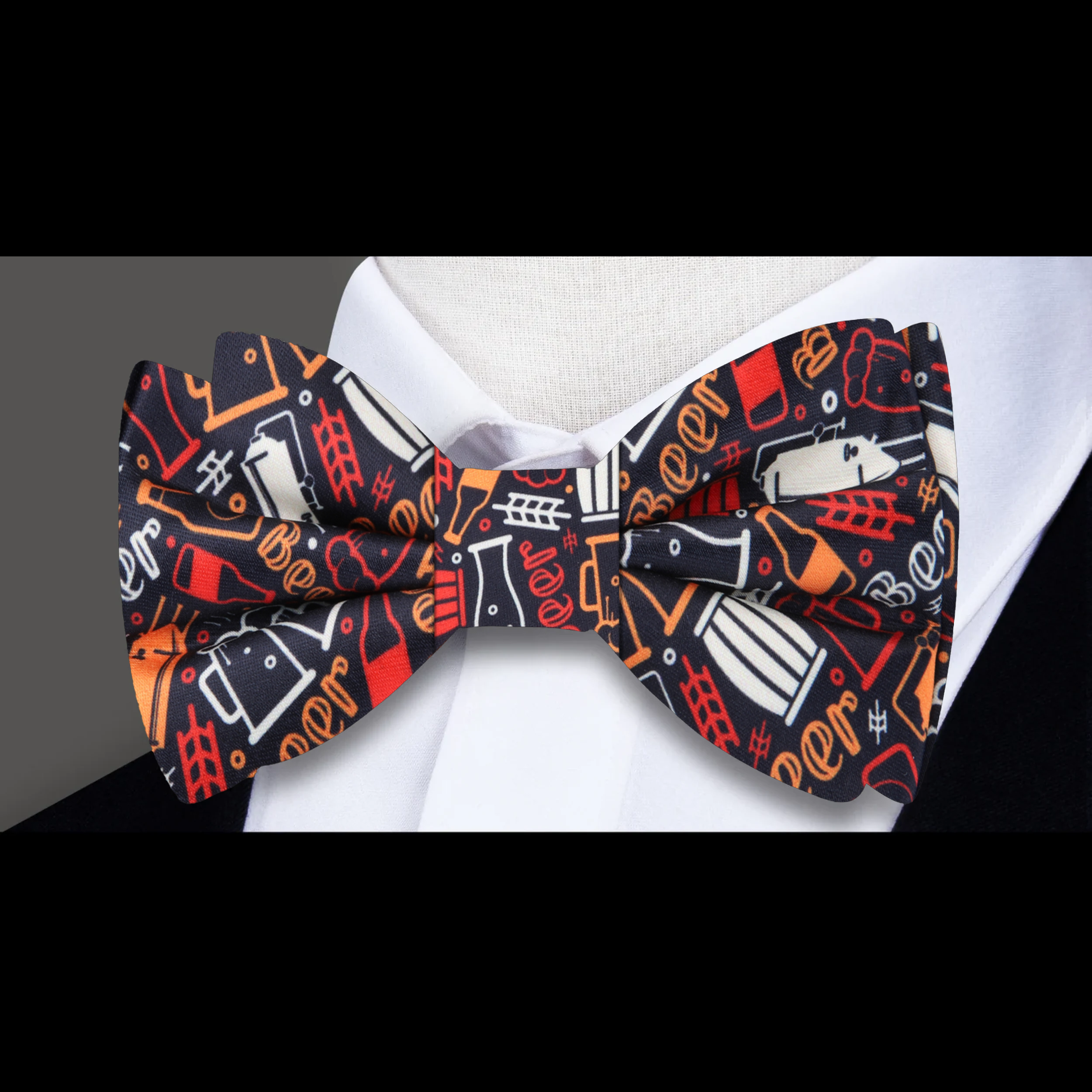 Brewers Pattern Silk Bow Tie laid flat with a matching pocket square, demonstrating versatility.