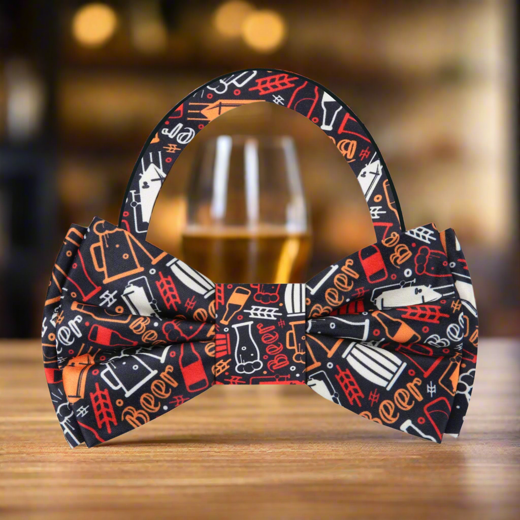 Close-up of the Brewers Pattern Silk Bow Tie showcasing intricate beer-themed motifs.