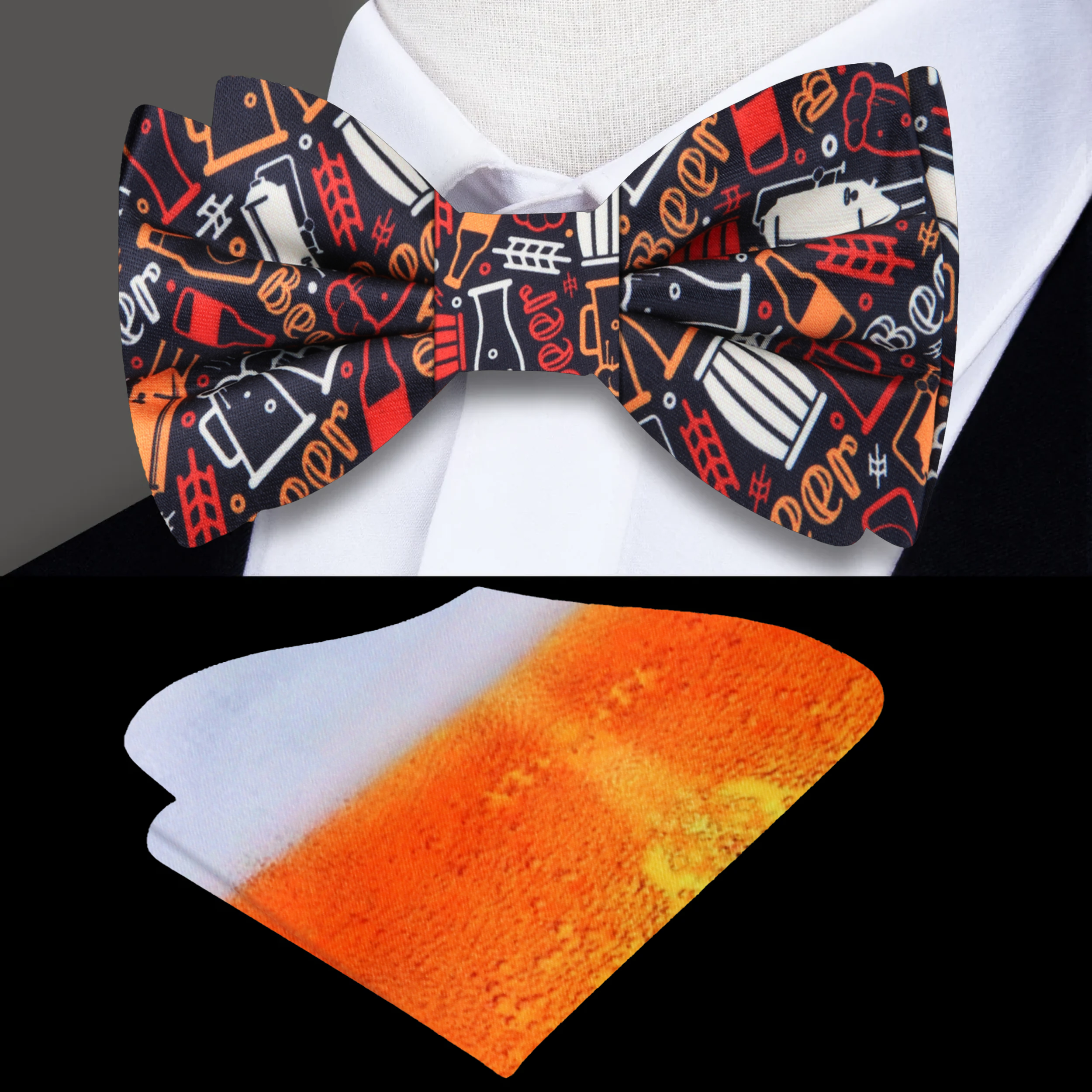 Close-up of the Brewer's Pattern Silk Bow Tie showcasing intricate beer-themed motifs.