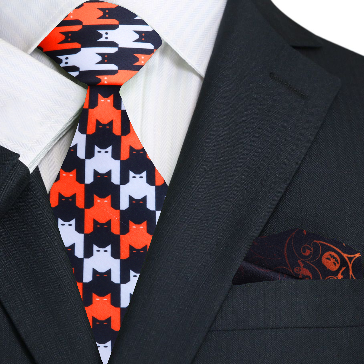Spooktacular Halloween cats and bats silk necktie displayed on a white background.