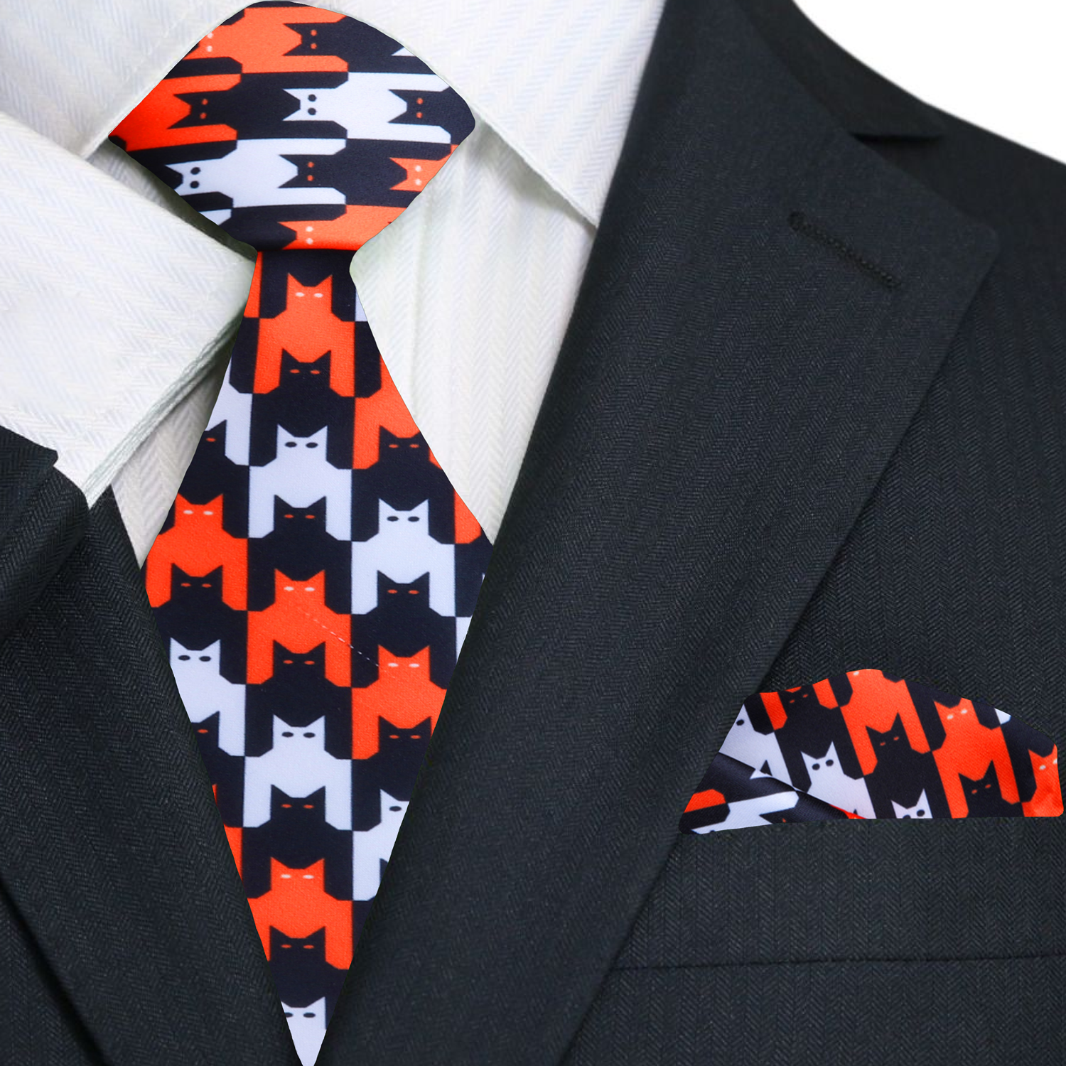 Spooktacular Halloween cats and bats silk necktie displayed on a white background.