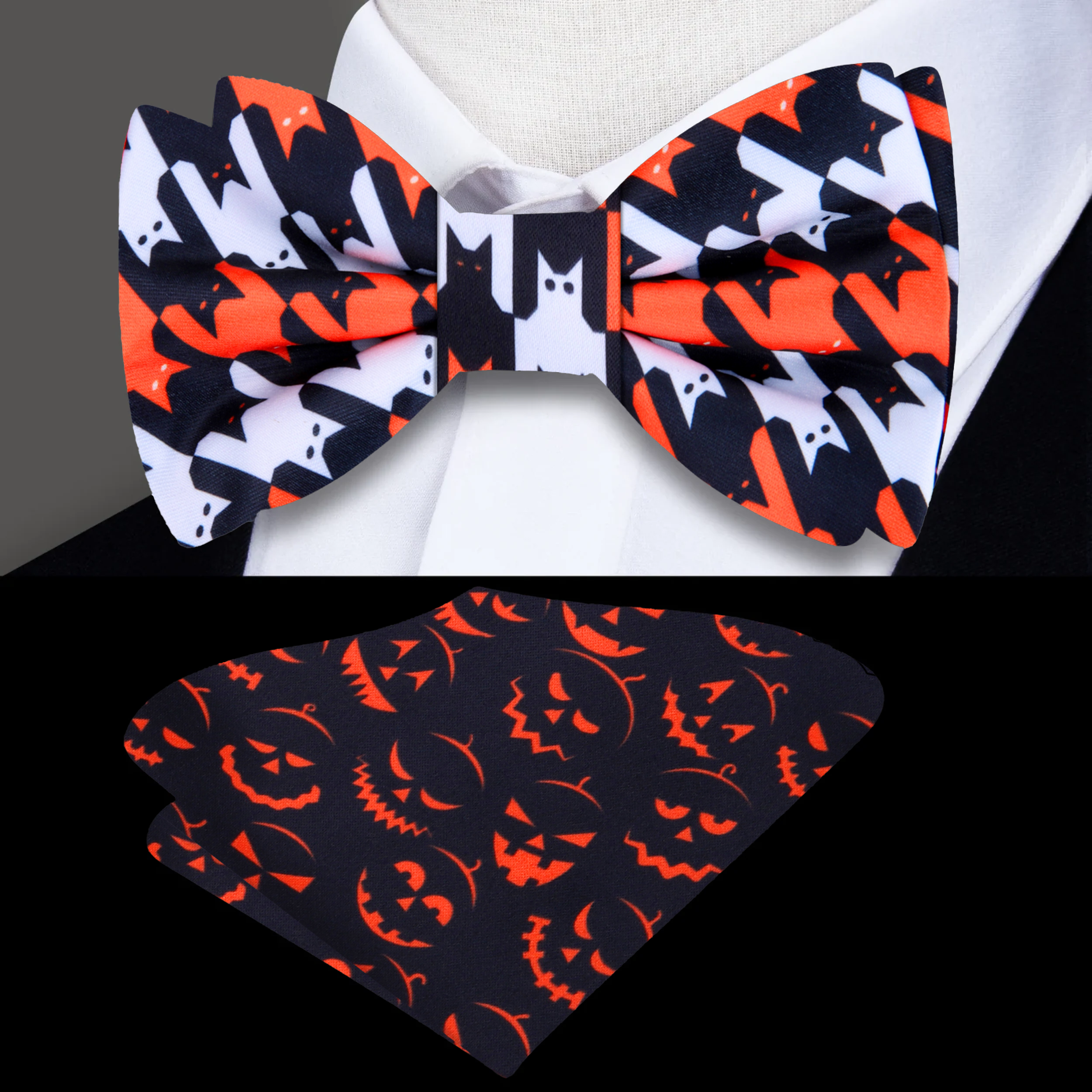 Close-up of a Halloween Cats silk bow tie with bats and cats pattern in vibrant colors