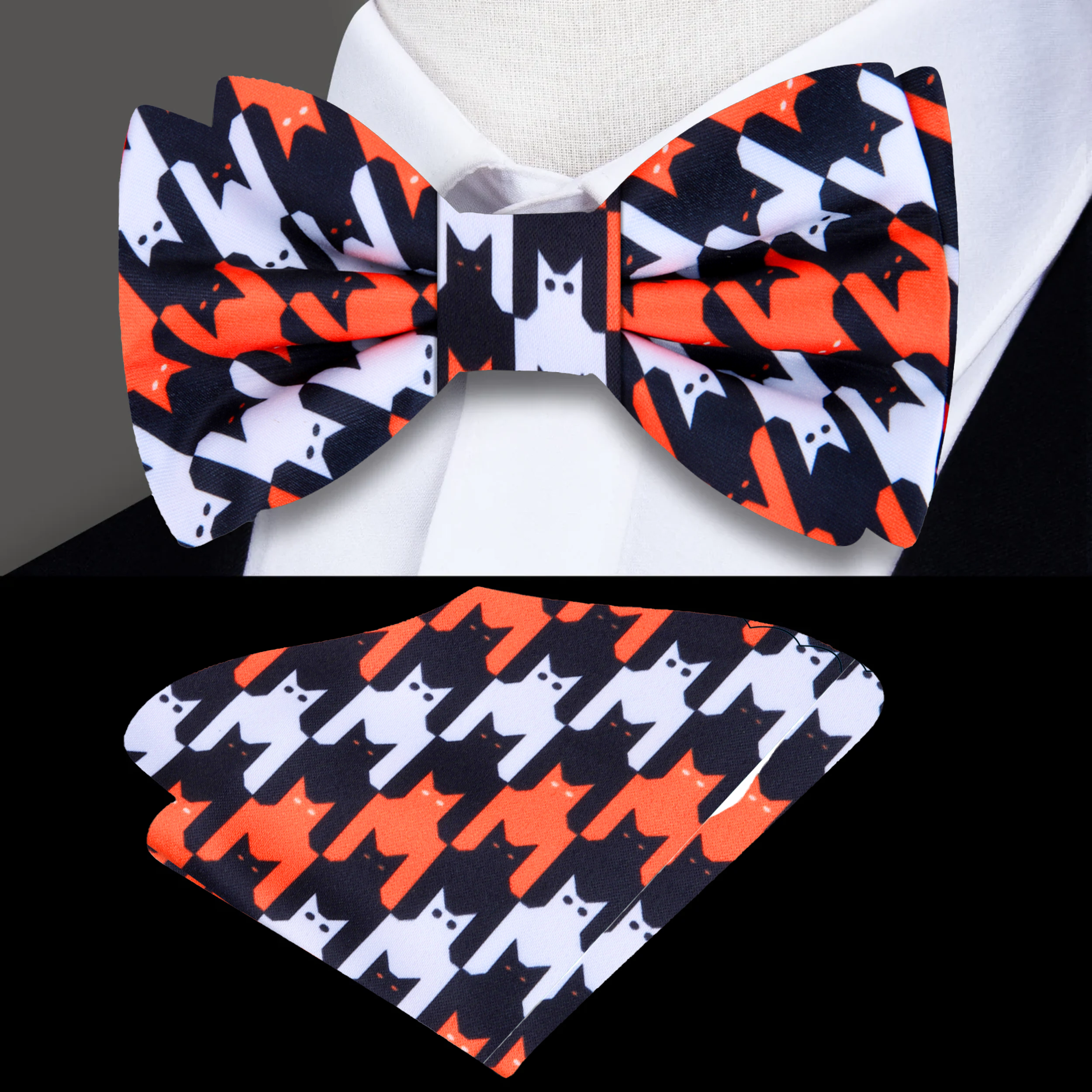 Man wearing a festive silk bow tie with orange suit for Halloween party