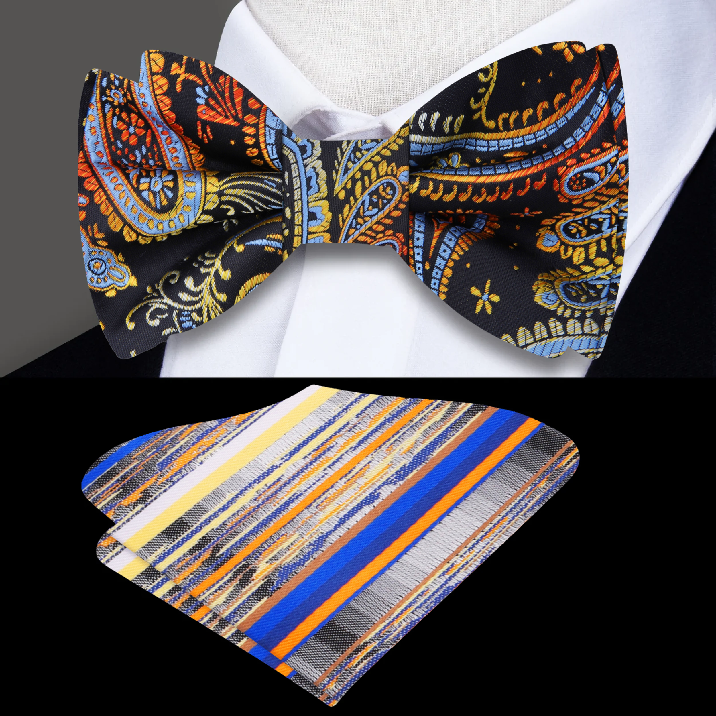 Close-up of stylish paisley bow tie in vibrant silk fabric