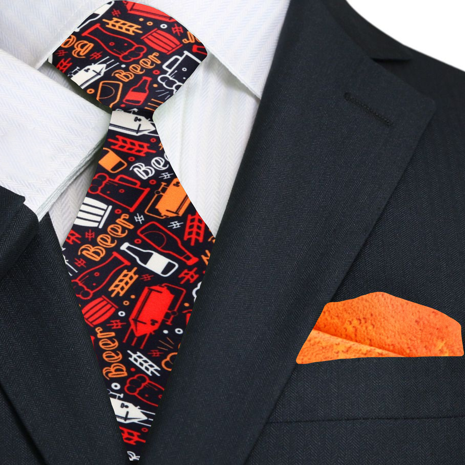 Man wearing stylish necktie for brewery tour and beer festival