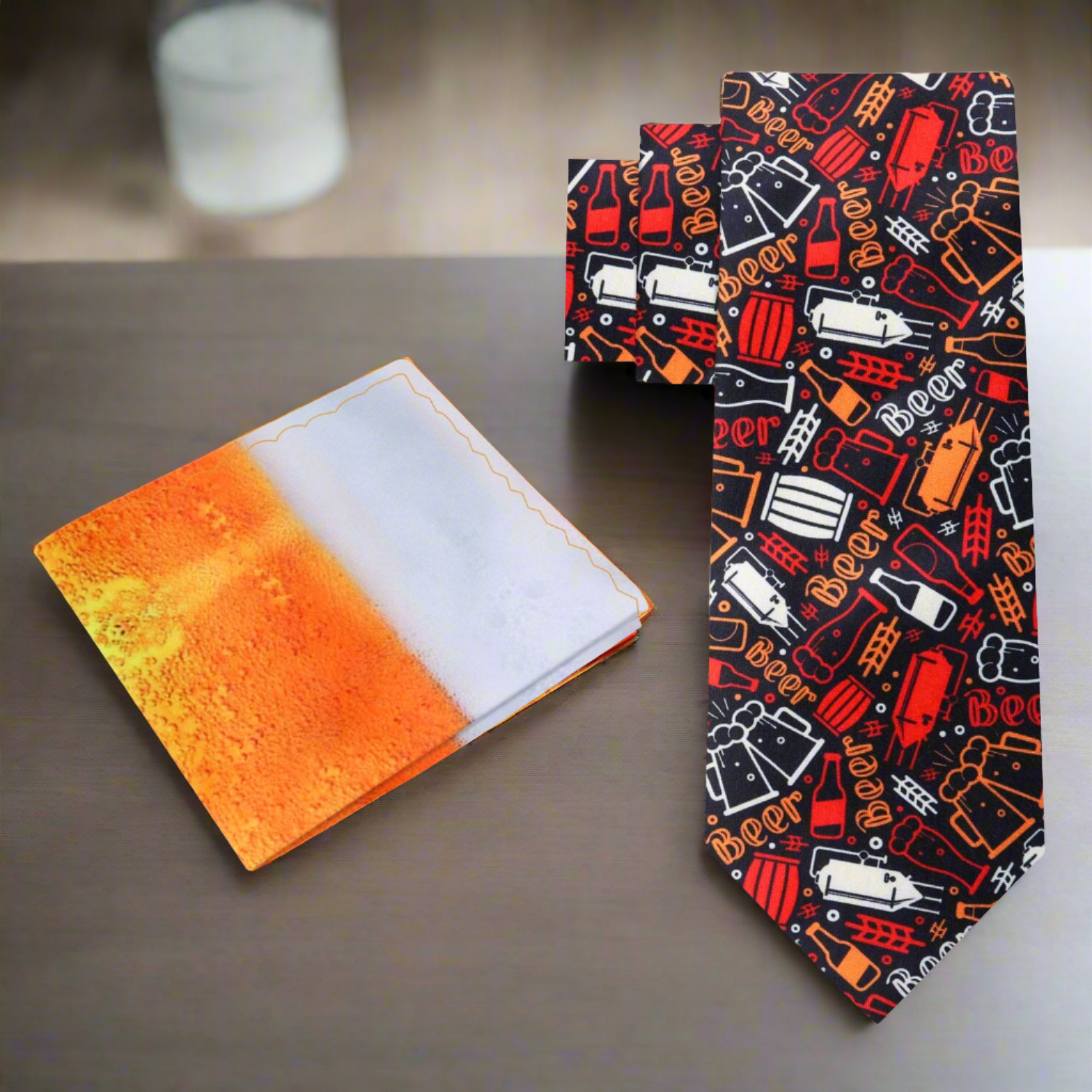 Close-up of beer themed silk necktie with vibrant brewery design
