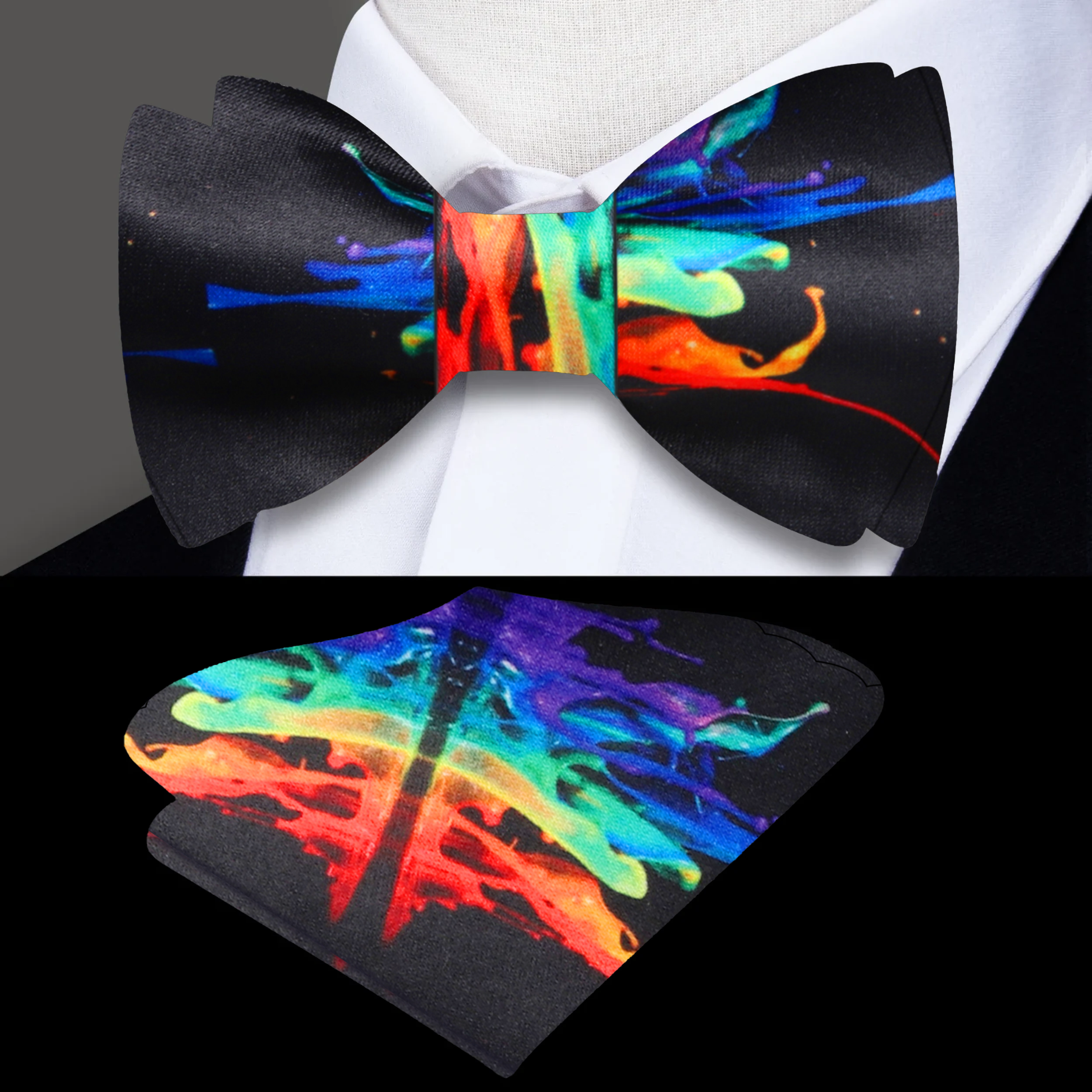 Model wearing artistic ink splash bow tie with matching pocket square, stylish and unique