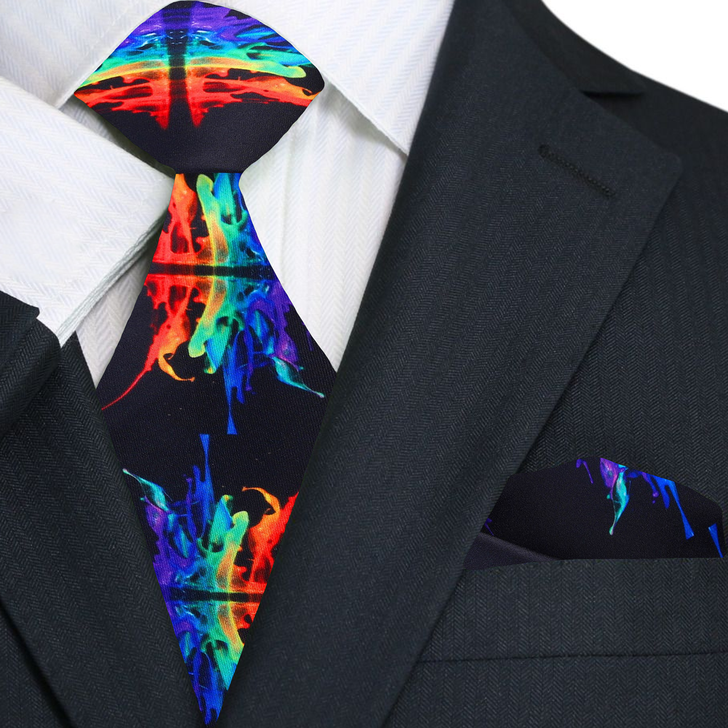 Full-length image of the vibrant paint splash tie paired with a crisp white dress shirt, perfect for formal occasions.