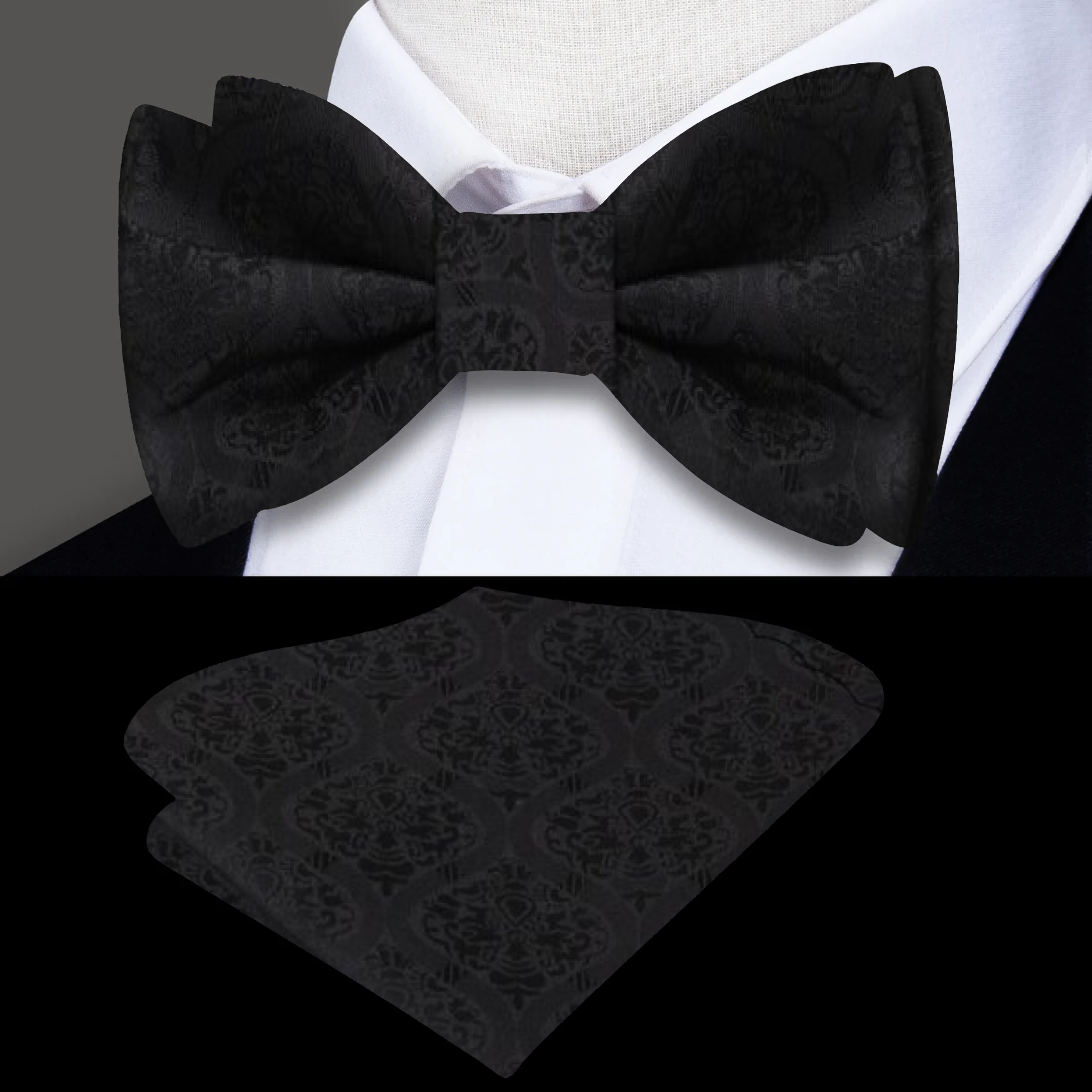 Flat lay of the silk bow tie alongside a matching pocket square, emphasizing its elegant design.