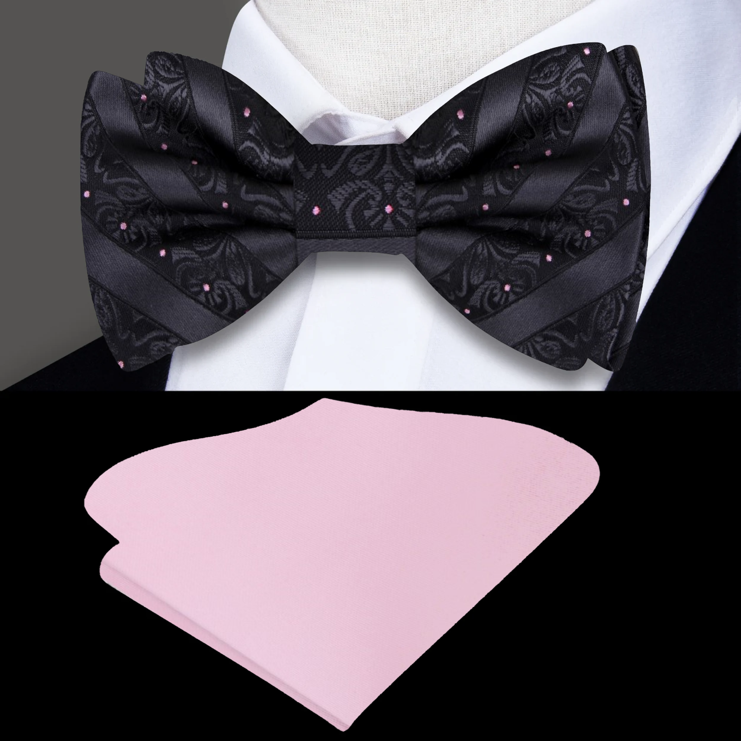 Elegant floral silk bow tie with pink polka dots, perfect for weddings.